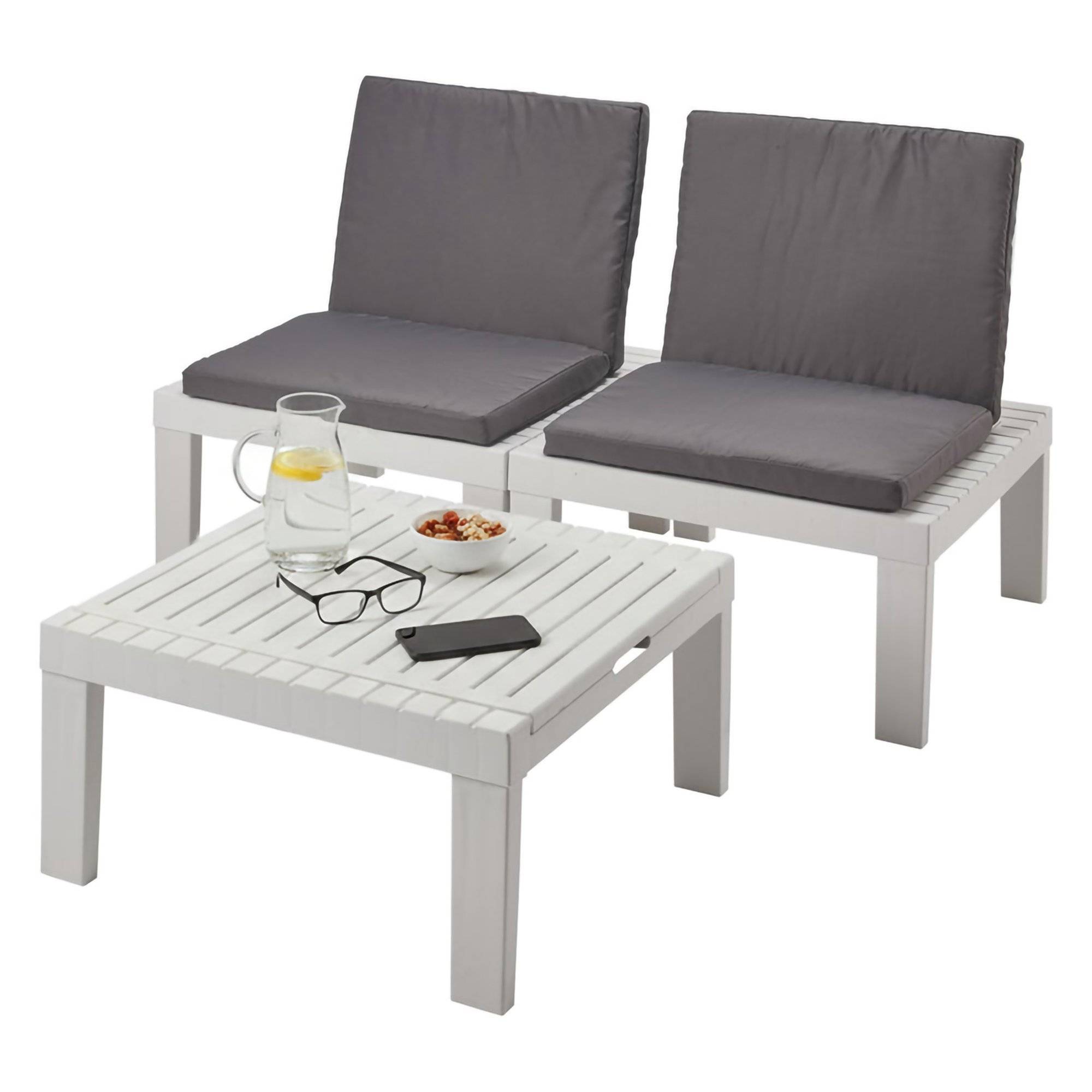 Dmora - Ensemble de salon d'extérieur Dbaggi, Composition de jardin avec 2 sièges avec dossier et 1 module multifonction, Lounge avec coussins, Blanc - Dmora - Imagen 1