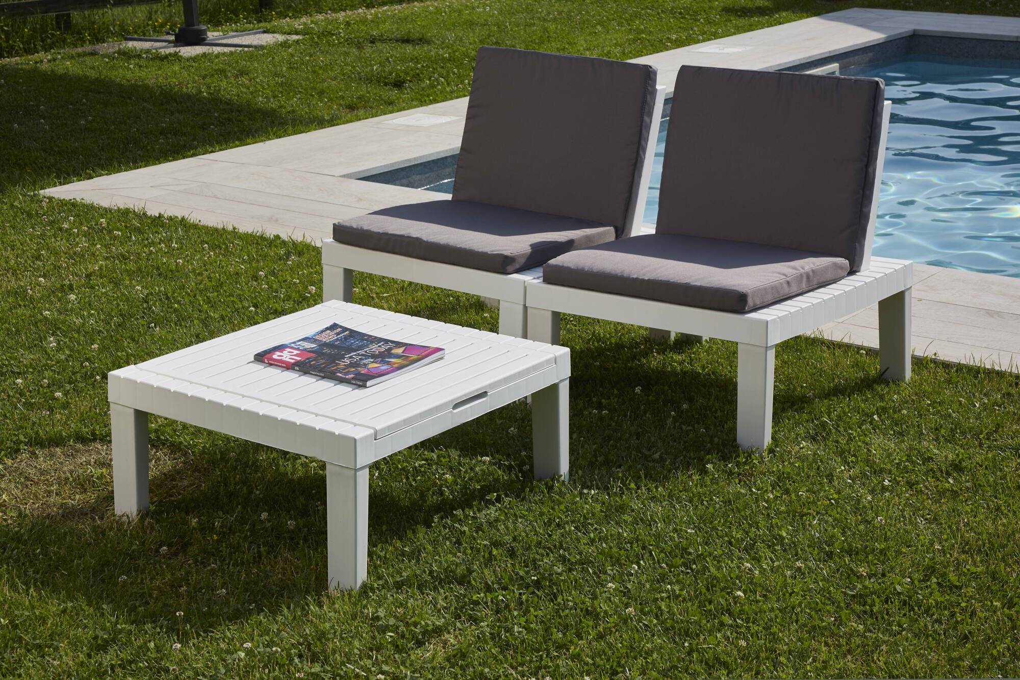Dmora - Ensemble de salon d'extérieur Dbaggi, Composition de jardin avec 2 sièges avec dossier et 1 module multifonction, Lounge avec coussins, Blanc - Dmora - Imagen 5