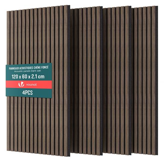 Lot de 4 panneaux acoustiques muraux Tasseaux en bois MDF avec feutre noir 120x60x2.1cm chene foncé - Image 1