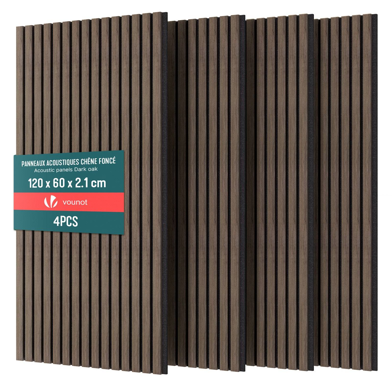 Lot de 4 panneaux acoustiques muraux Tasseaux en bois MDF avec feutre noir 120x60x2.1cm chene foncé - Image 1