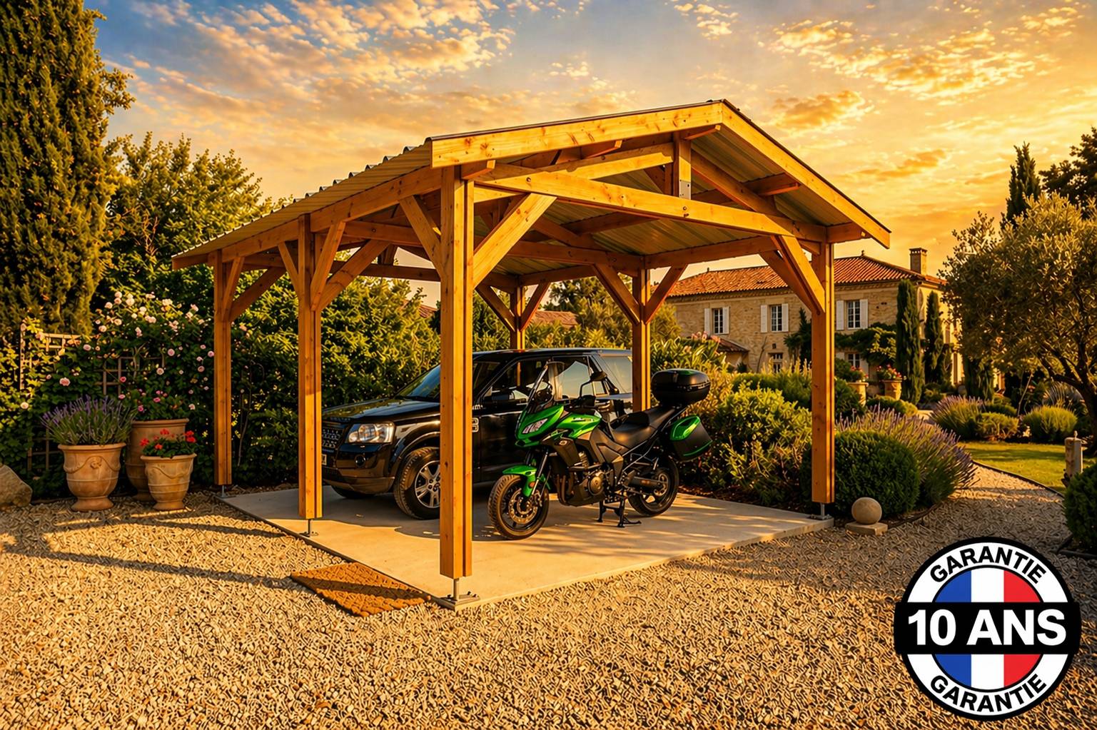 Carport bois 2 pentes en bois douglas 15 m², 6 poteaux. Abri voiture extérieur. garantie 10 ans - Image 9