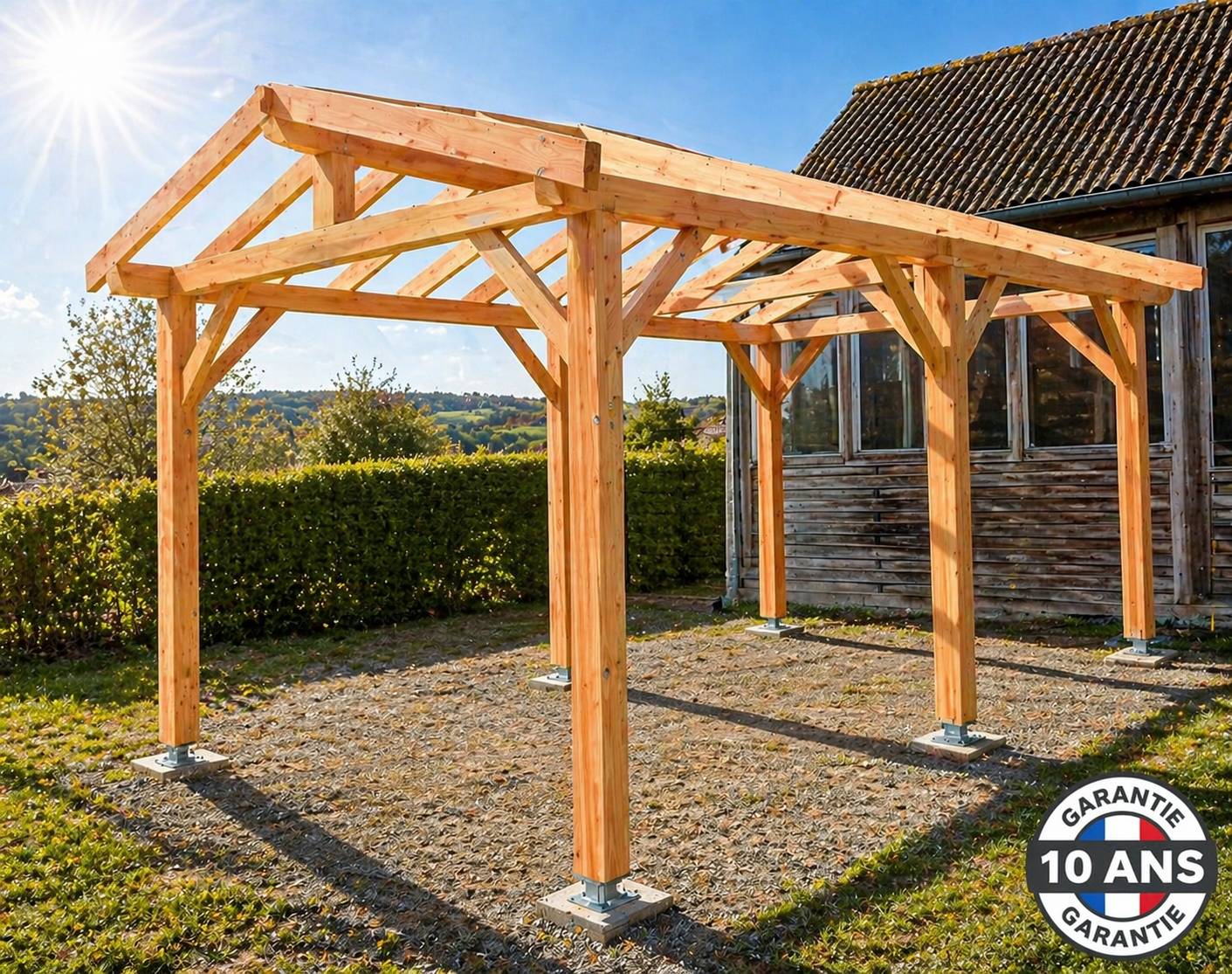 Carport bois 2 pentes en bois douglas 15 m², 6 poteaux. Abri voiture extérieur. garantie 10 ans - Image 1