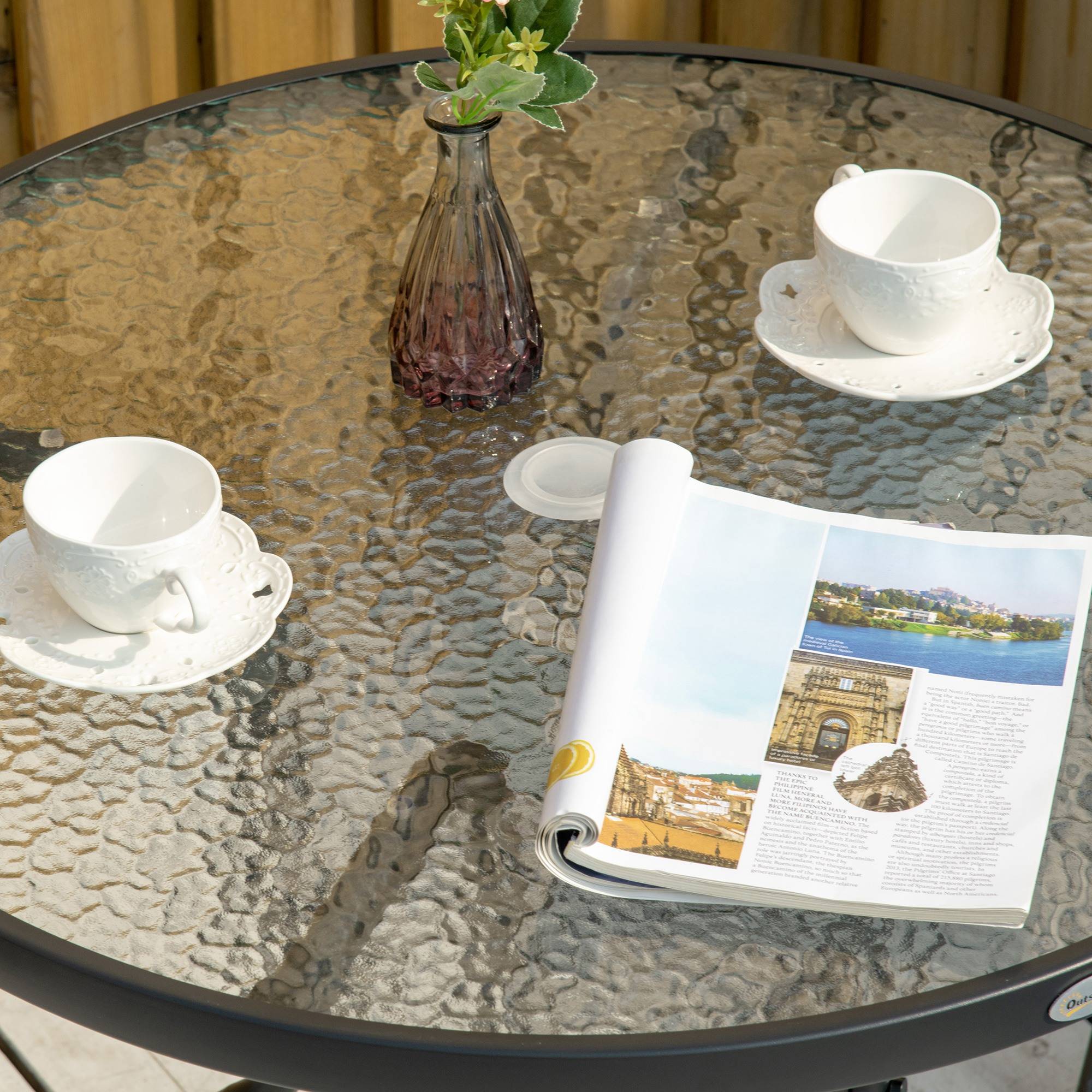 Table de jardin ronde métal verre extérieur trou pour parasol 80x72cm noir - ComfortXL Outdoor Living - Image 10
