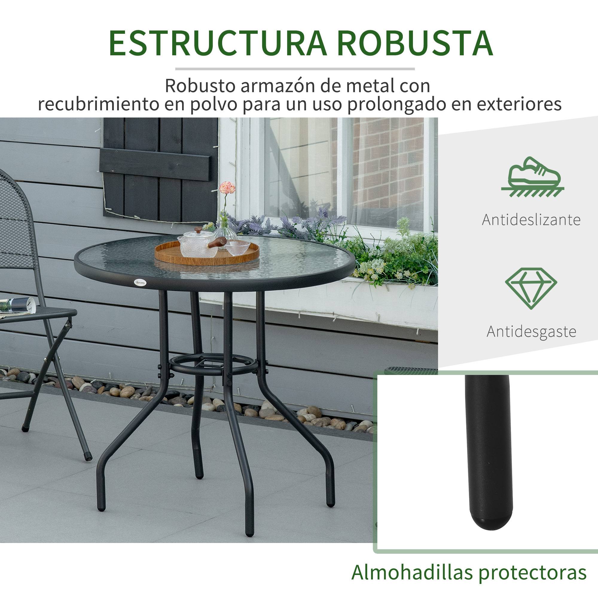 Table de jardin ronde métal verre extérieur trou pour parasol 80x72cm noir - ComfortXL Outdoor Living - Image 8