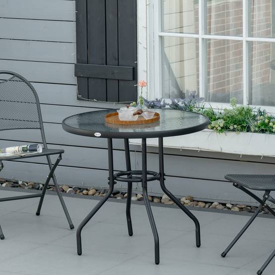 Table de jardin ronde métal verre extérieur trou pour parasol 80x72cm noir - ComfortXL Outdoor Living - Image 3