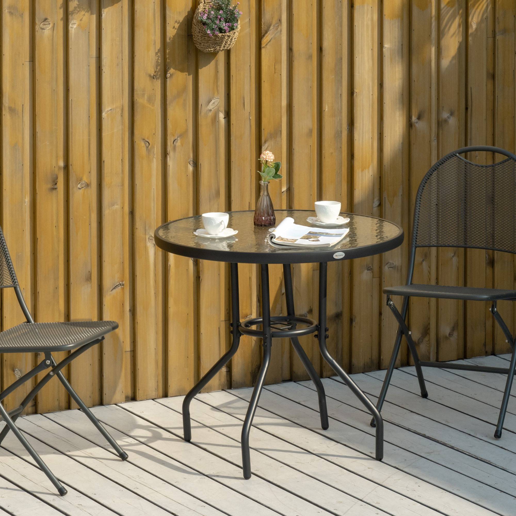 Table de jardin ronde métal verre extérieur trou pour parasol 80x72cm noir - ComfortXL Outdoor Living - Image 4
