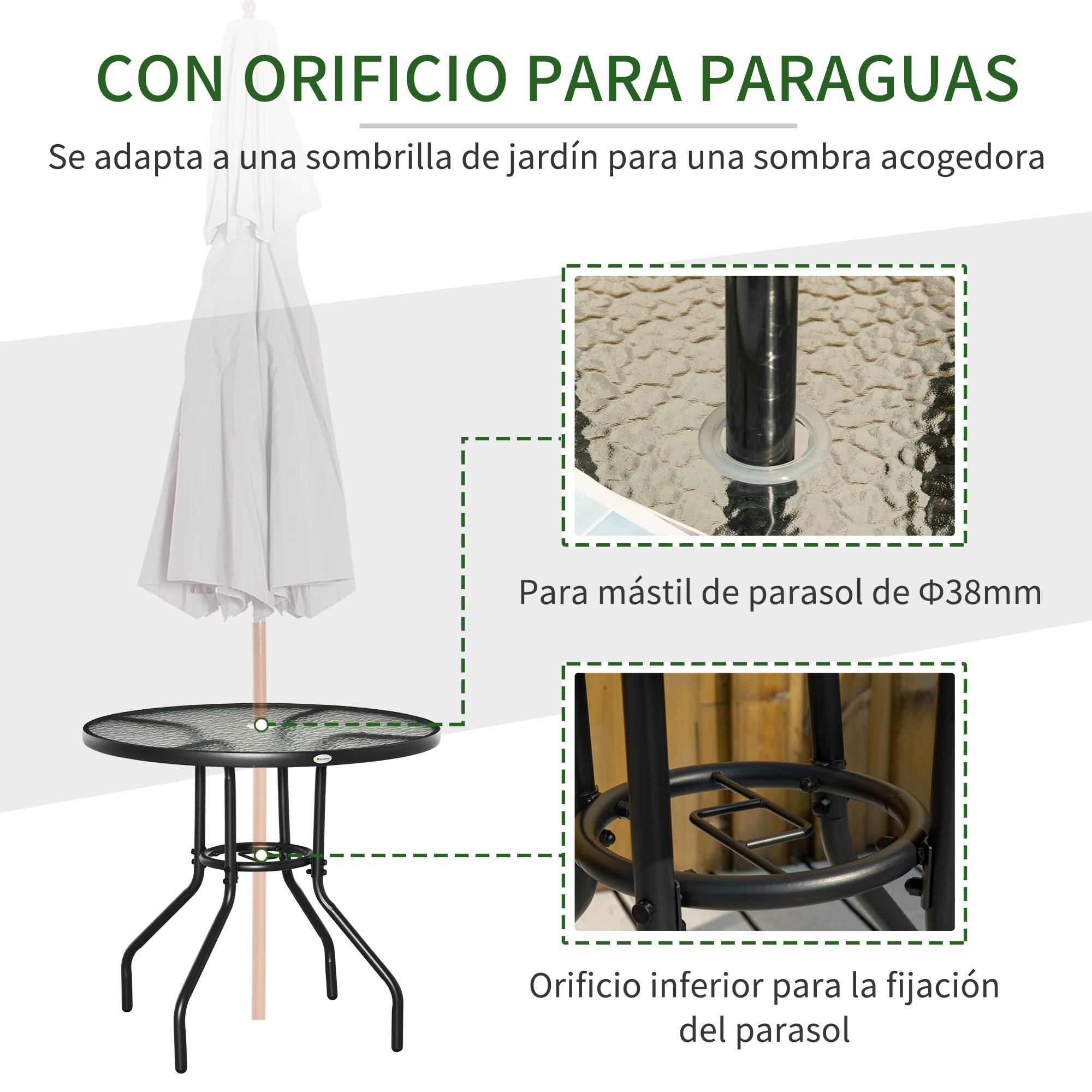 Table de jardin ronde métal verre extérieur trou pour parasol 80x72cm noir - ComfortXL Outdoor Living - Image 6