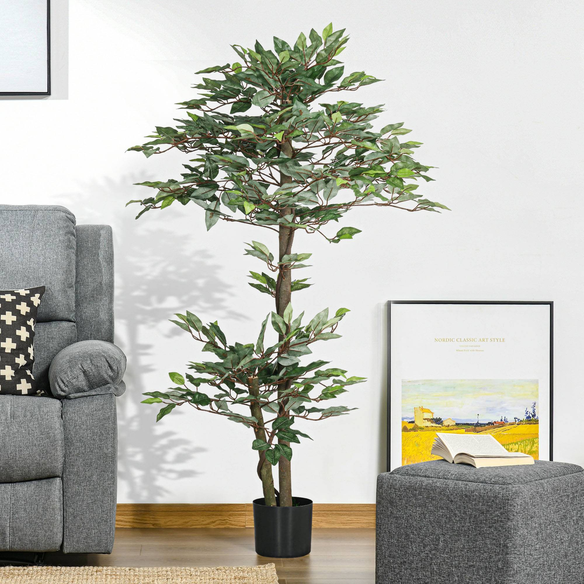 Sans Marque - Ficus artificiel de 150 cm avec 1008 feuilles, mousse et pot, plante artificielle verte décorative - Image 3