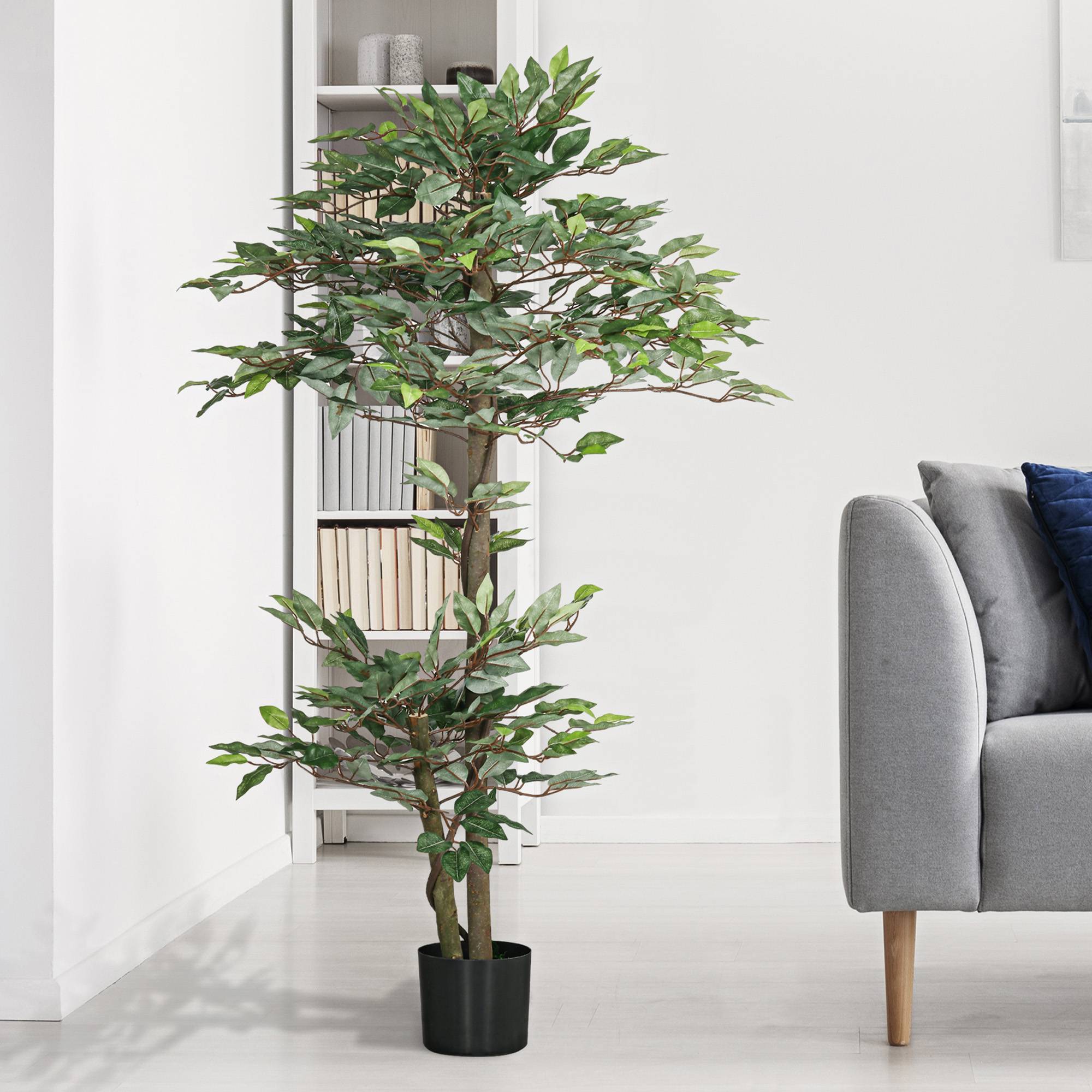 Sans Marque - Ficus artificiel de 150 cm avec 1008 feuilles, mousse et pot, plante artificielle verte décorative - Image 4