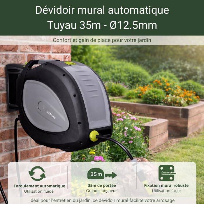 Jardibric - Jardibric - Dévidoir Arrosage Mural Automatique 35 m Ø12,5 mm - Enrouleur Rétractable Pivotant 180° - Rallonge 2 m + Lance et Raccords - Imagen 2
