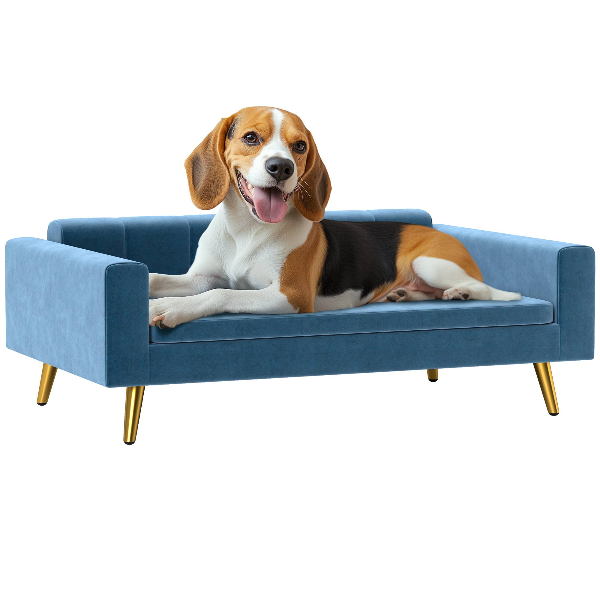 Canapé chien lit pour chien design scandinave coussin moelleux pieds métal doré 94 x 59,5 x 31,5 cm velours soyeux bleu