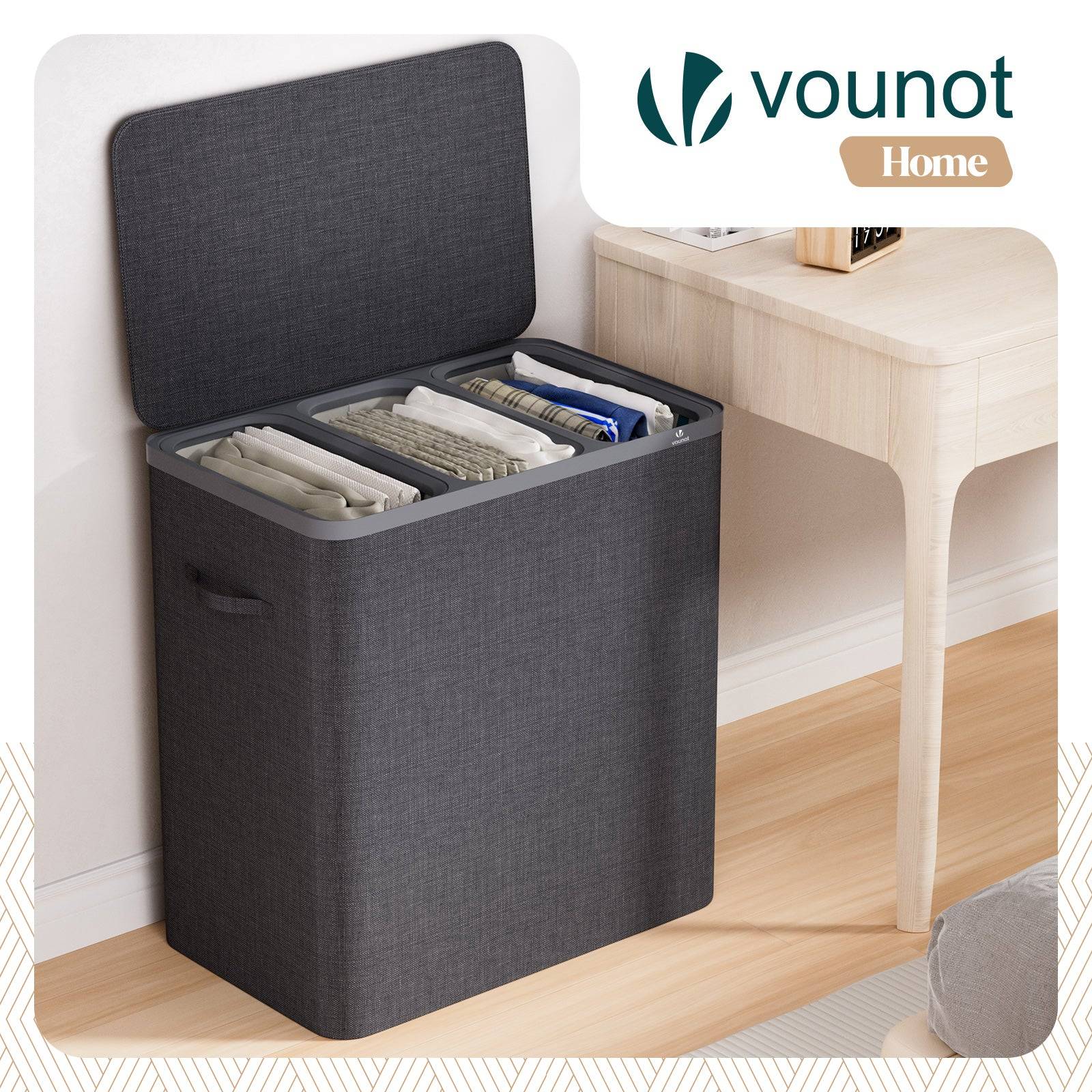 Panier à linge 170L avec couvercle et 3 sacs amovibles auto-ajustable - 3 compartiments - anthracite - VOUNOT® - Image 2