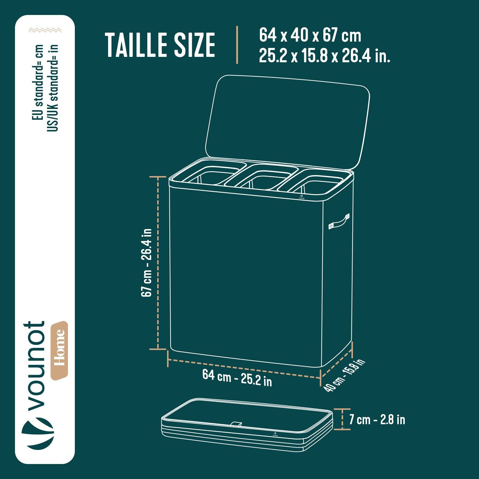 Panier à linge 170L avec couvercle et 3 sacs amovibles auto-ajustable - 3 compartiments - anthracite - VOUNOT® - Image 3