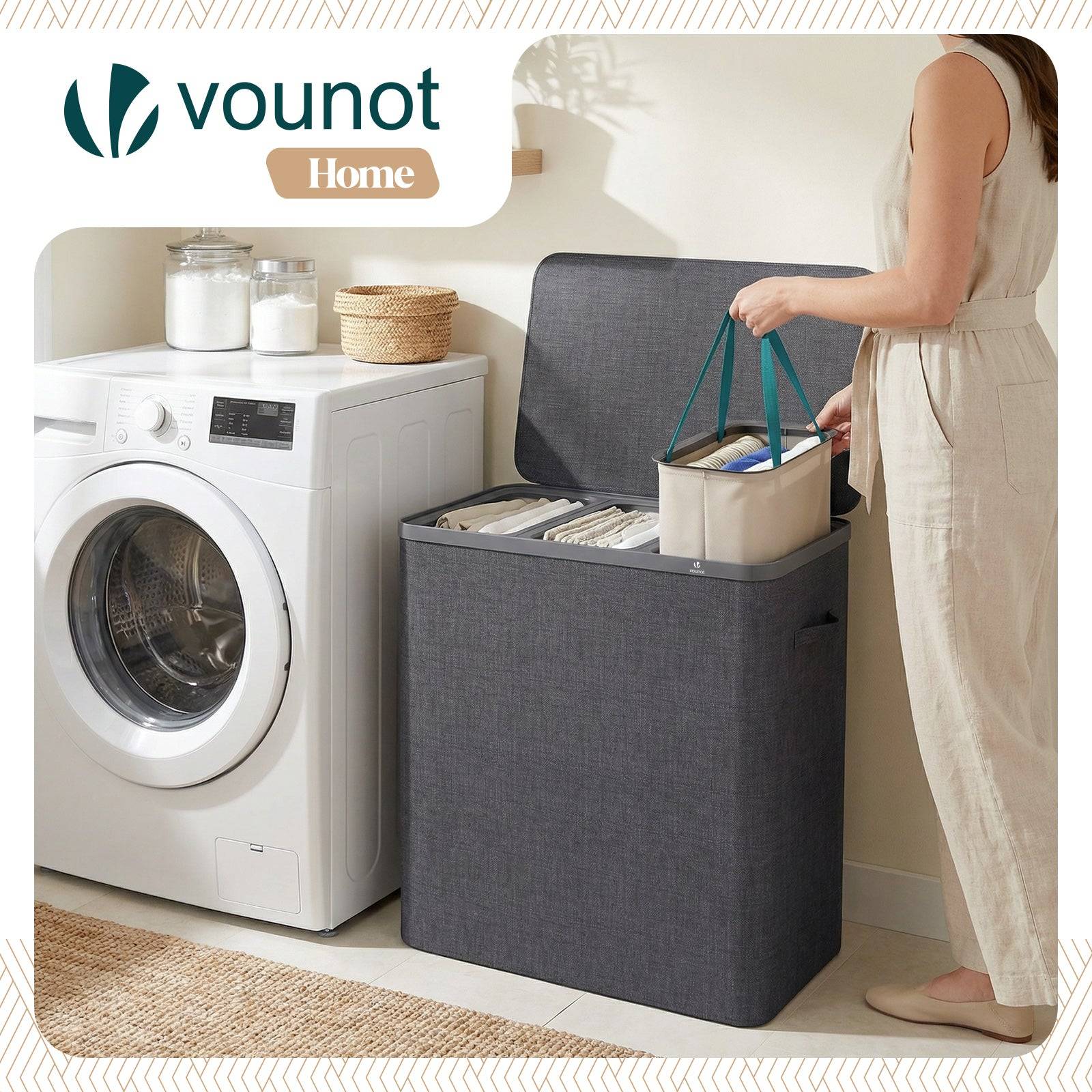 Panier à linge 170L avec couvercle et 3 sacs amovibles auto-ajustable - 3 compartiments - anthracite - VOUNOT® - Image 5