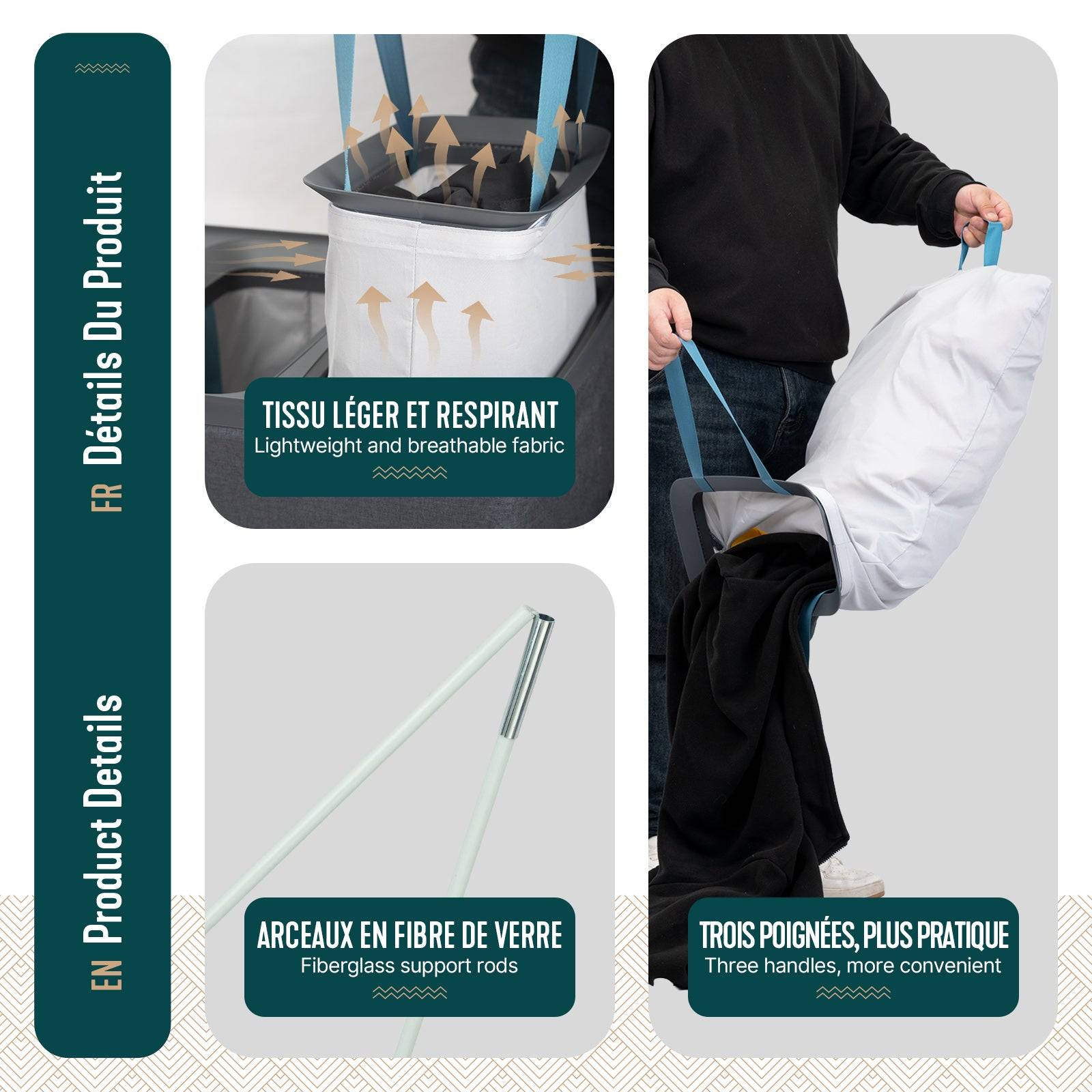 Panier à linge 170L avec couvercle et 3 sacs amovibles auto-ajustable - 3 compartiments - anthracite - VOUNOT® - Image 6