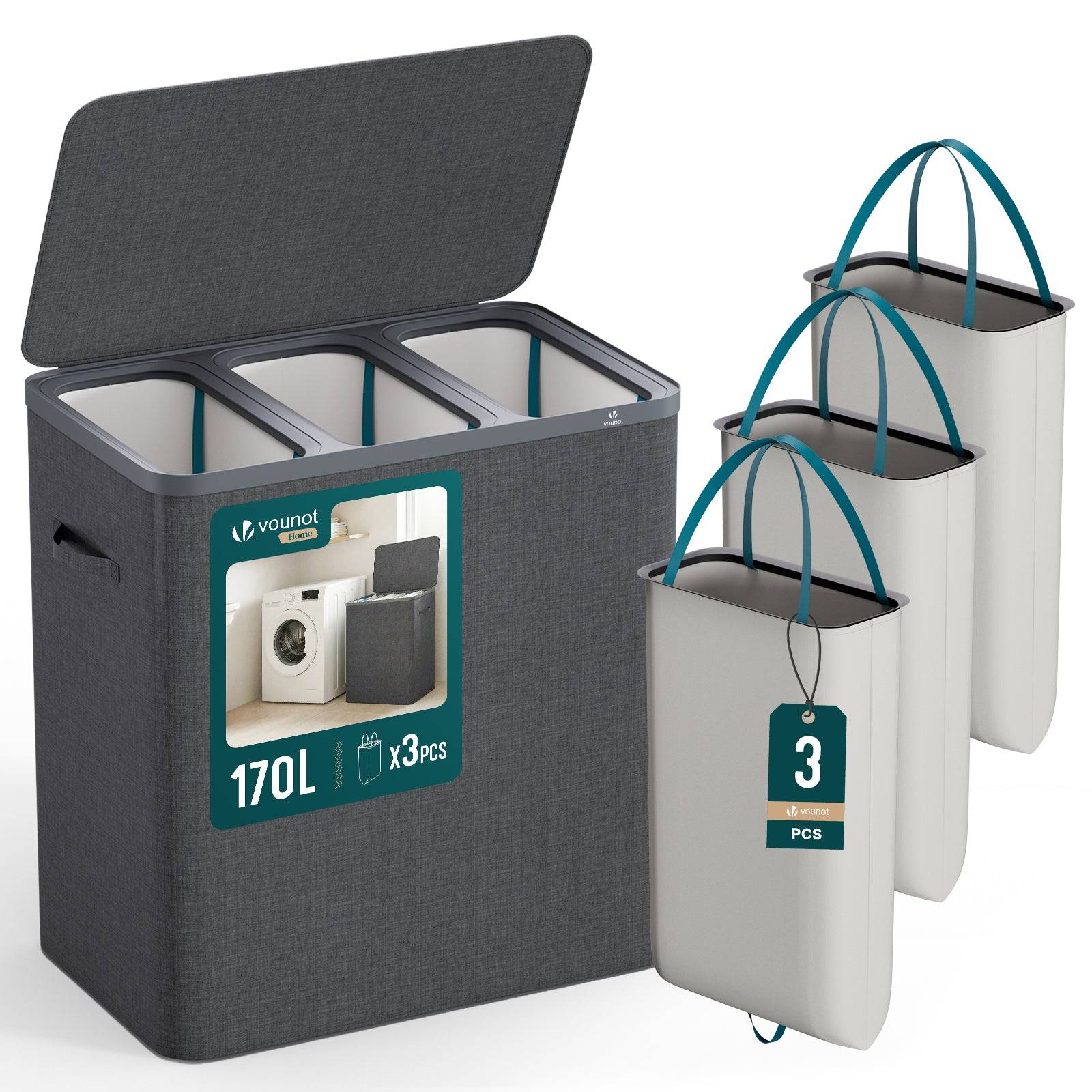 Panier à linge 170L avec couvercle et 3 sacs amovibles auto-ajustable - 3 compartiments - anthracite - VOUNOT® - Image 1