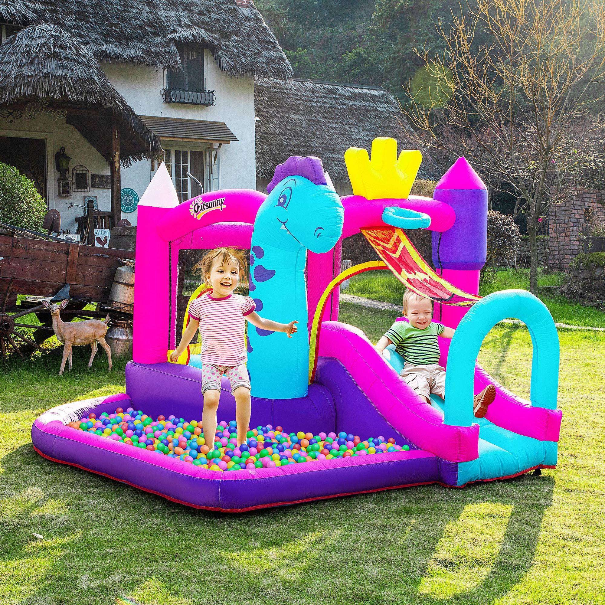 Château Gonflable avec Toboggan, Trampoline, Piscine et Panier, Souffleur 350W Inclus, Multicolore - Image 4