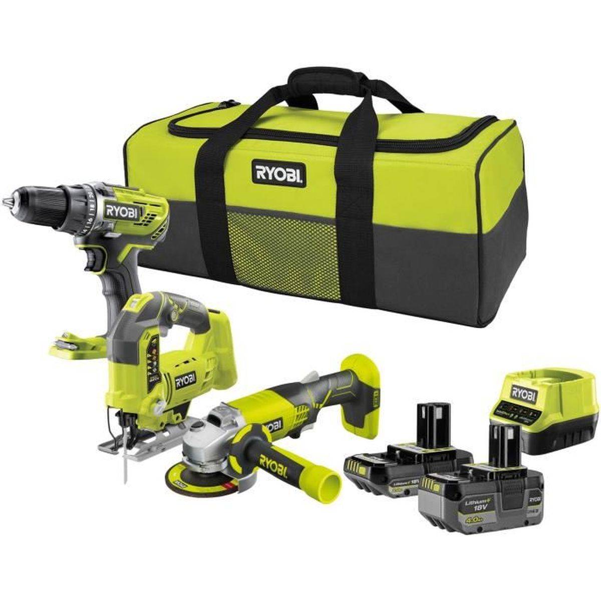 Combo 3 outils 18 V ONE+ sans fil: perceuse-visseuse, meuleuse 115 mm et scie sauteuse - RYOBI