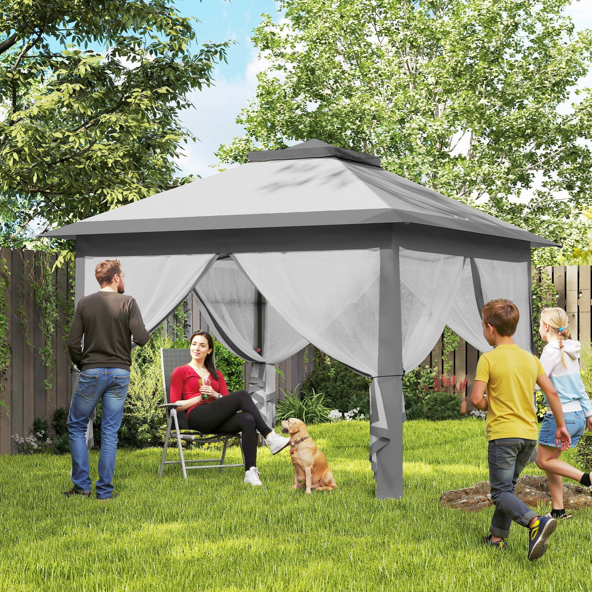 Sans Marque - Tonnelle pliante d'extérieur à hauteur réglable avec moustiquaires, 3,3 x 3,3 x 2,8 m, grise - Image 3