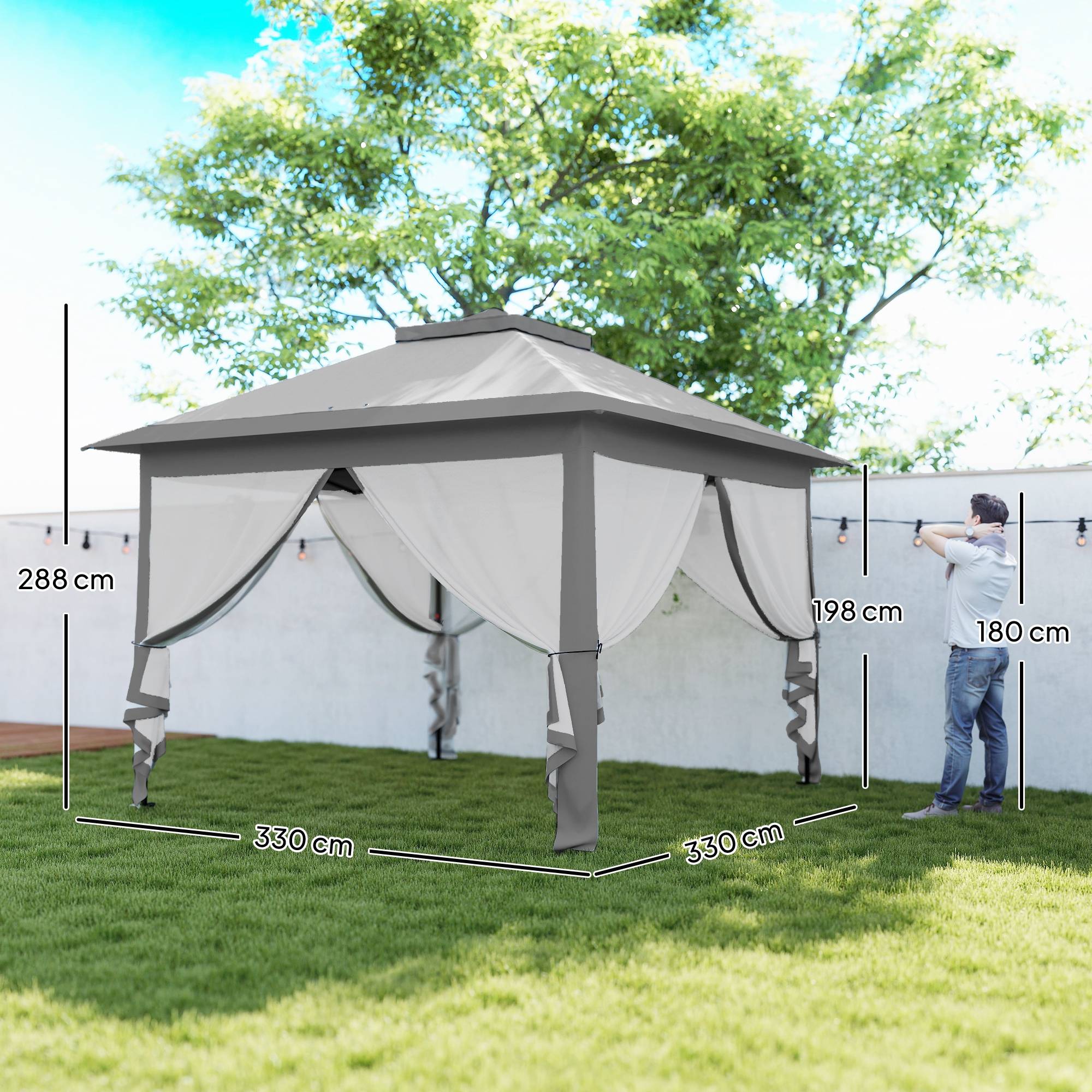Sans Marque - Tonnelle pliante d'extérieur à hauteur réglable avec moustiquaires, 3,3 x 3,3 x 2,8 m, grise - Image 5