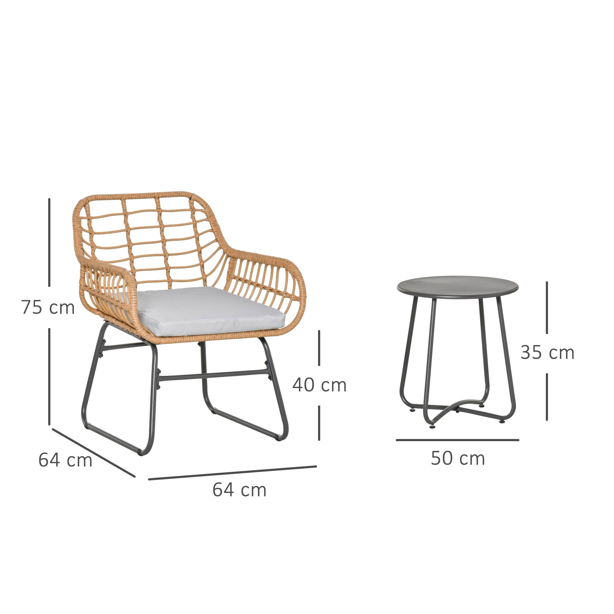 Outsunny - Ensemble bistro de jardin 2 places 3 pièces style exotique 2 fauteuils + table basse résine tressée beige acier époxy gris - Outsunny - Imagen 3