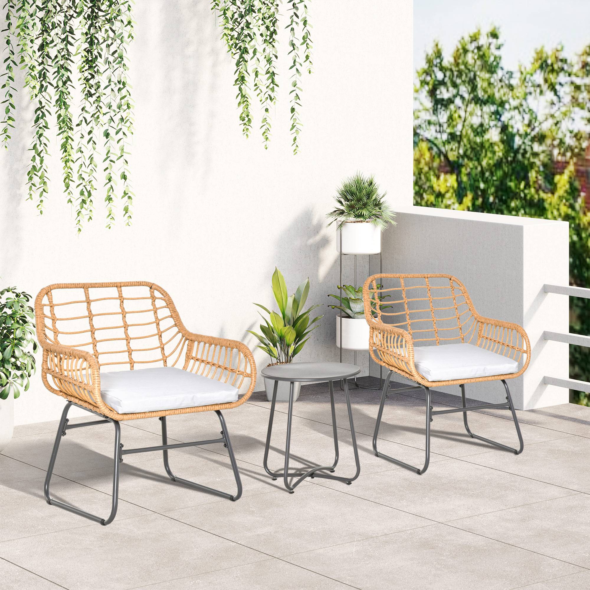 Outsunny - Ensemble bistro de jardin 2 places 3 pièces style exotique 2 fauteuils + table basse résine tressée beige acier époxy gris - Outsunny - Imagen 2