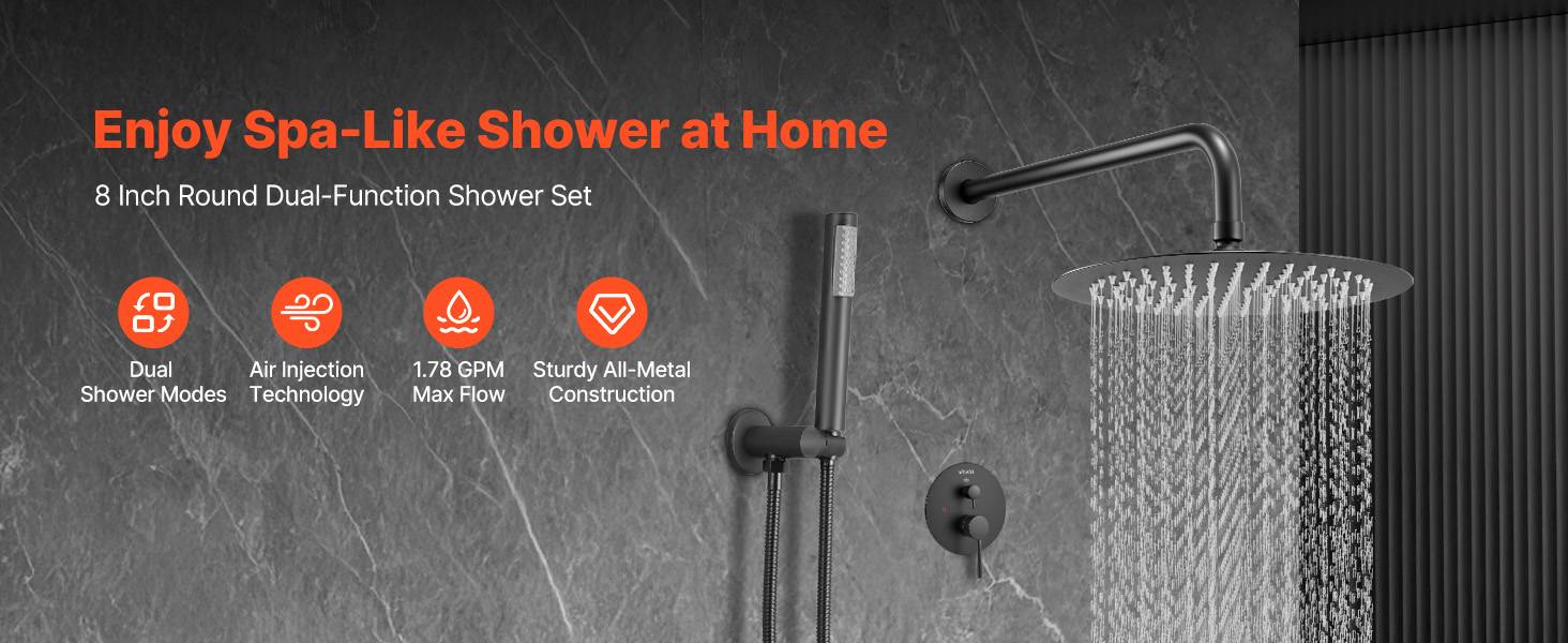 Vevor - VEVOR Kit de Douche avec Douchette de Tête Ronde 20,3 cm et à Main Noir Mat - Image 9