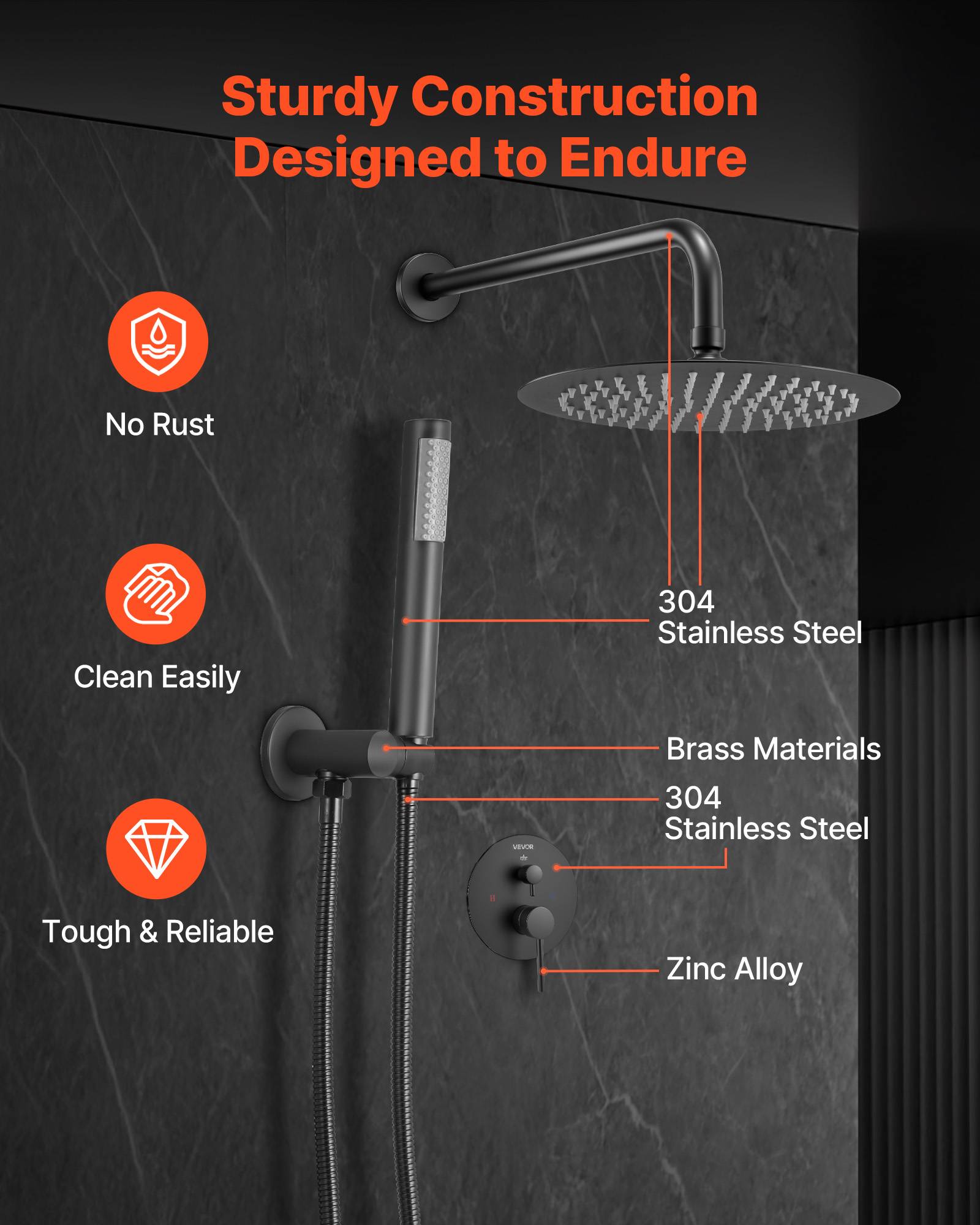 Vevor - VEVOR Kit de Douche avec Douchette de Tête Ronde 20,3 cm et à Main Noir Mat - Image 6
