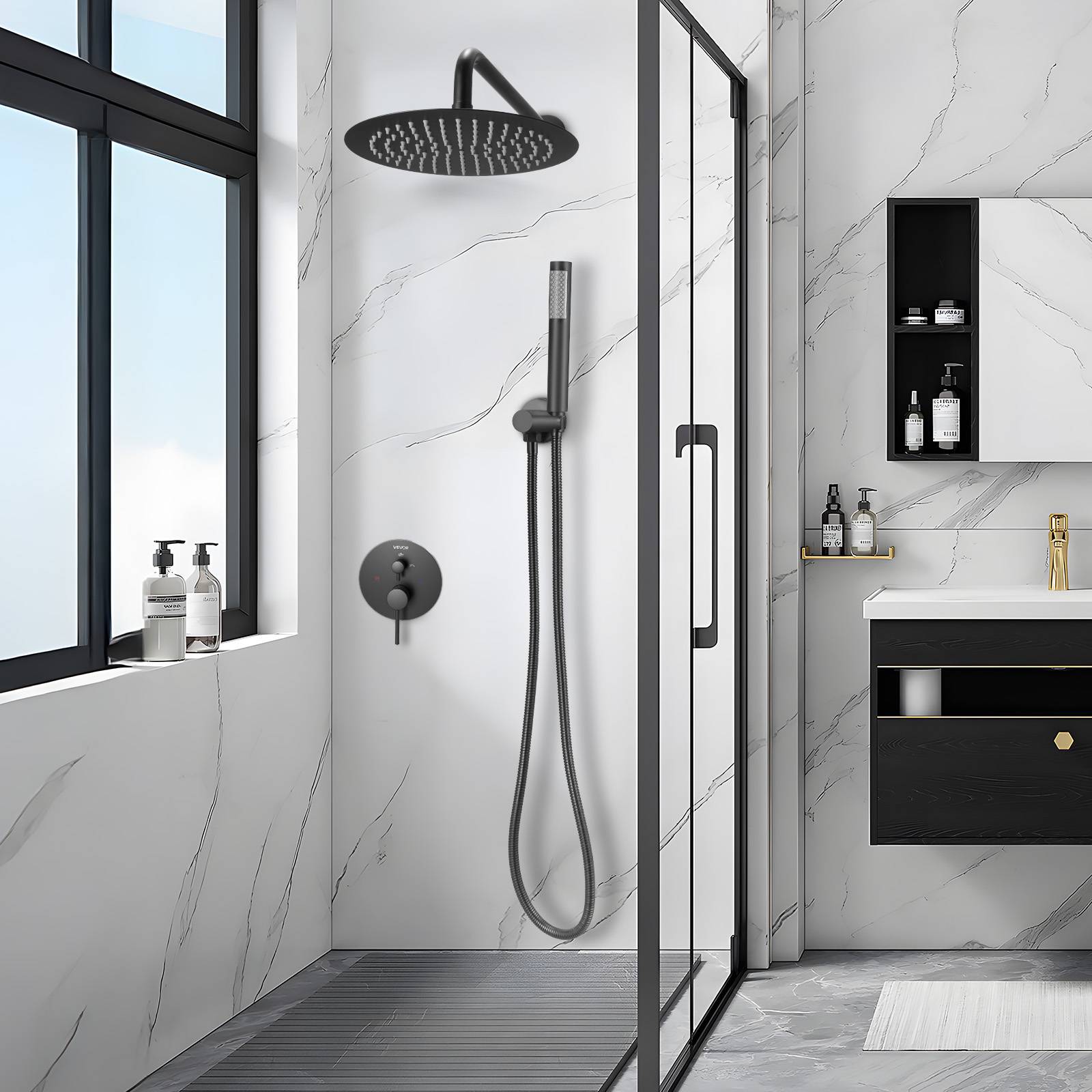 Vevor - VEVOR Kit de Douche avec Douchette de Tête Ronde 20,3 cm et à Main Noir Mat - Image 8
