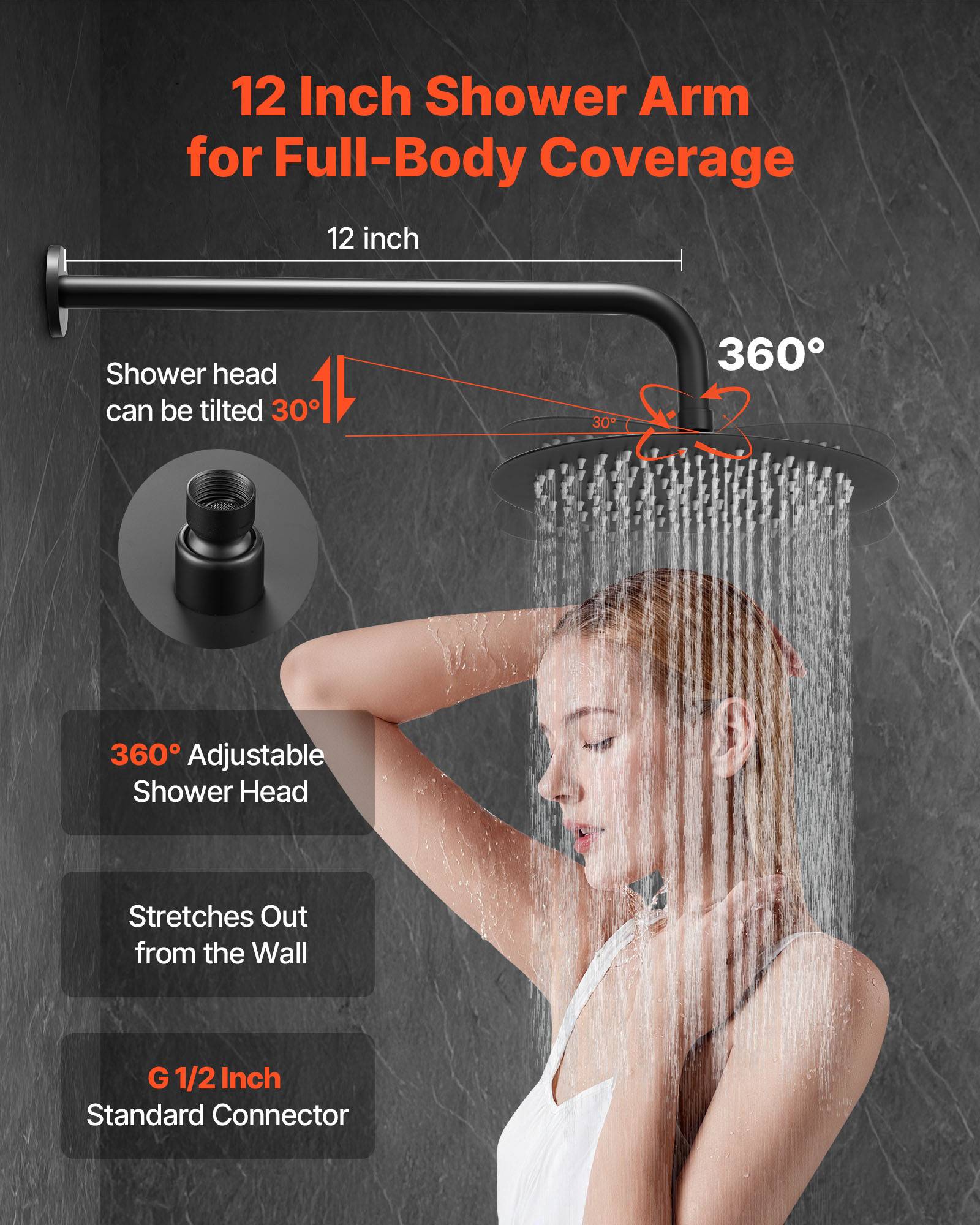 Vevor - VEVOR Kit de Douche avec Douchette de Tête Ronde 20,3 cm et à Main Noir Mat - Image 4