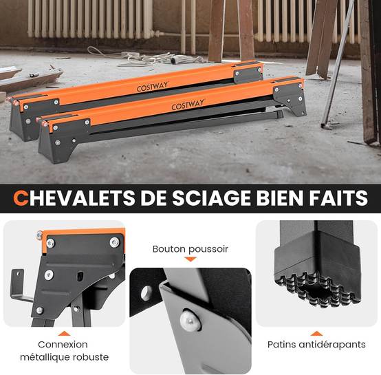 GYMAX Lot de 2 Tréteaux Pliables Métalliques, Chevalet de Sciage Professionnel avec Bras de Soutien de Bois, Poignée de Transport, Patin Antidérapant, pour Bricolage Atelier, Charge Max.600KG(Orange GYMAX Lot de 2 Tréteaux Pliables Métalliques, Chevalet de Sciage Professionnel avec Bras de Soutien de Bois, Poignée de Transport, Patin Antidérapant, pour Bricolage Atelier, Charge Max.600KG(Orange
