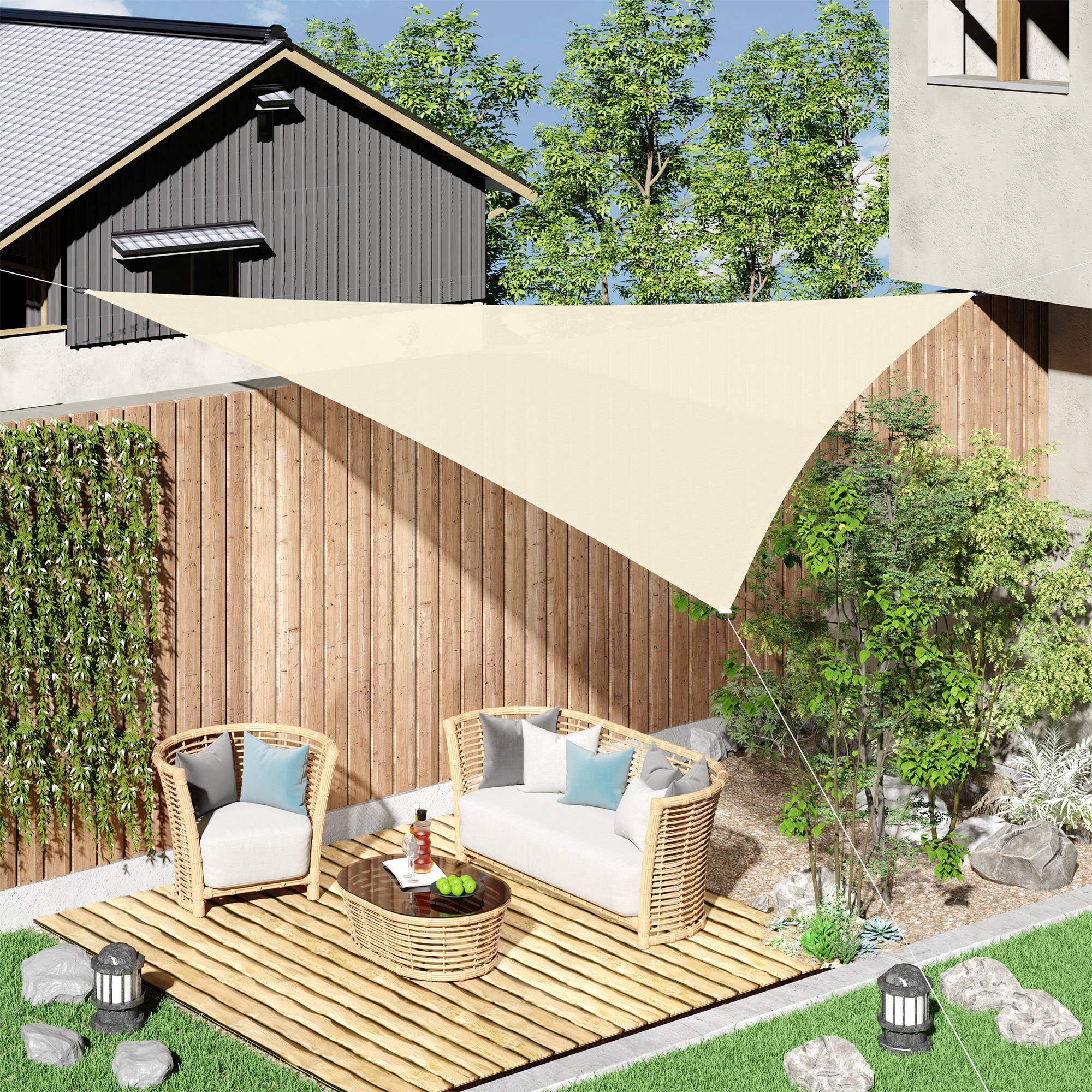 Voile d'ombrage triangulaire PEHD 3x3x3 m haute densité anti-UV protection solaire jardin terrasse balcon blanc crème ivoire - Image 3