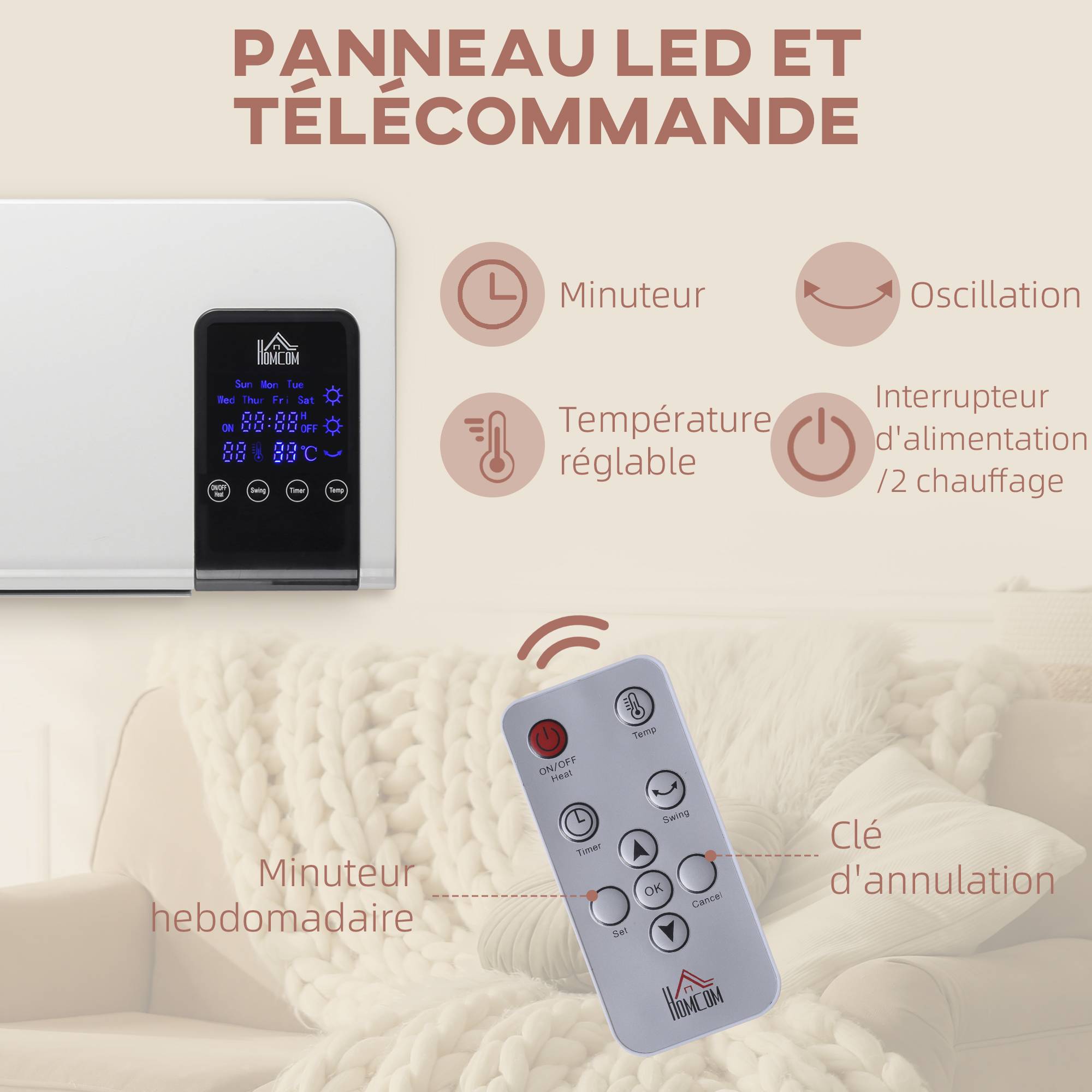 Radiateur soufflant mural chauffage céramique PTC - 1000 W / 2000 W oscillation minuterie avec télécommande blanc - Image 7