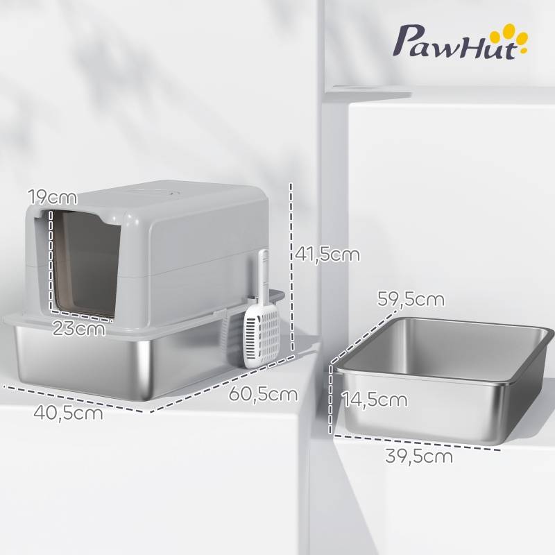 Toilette pour chat en acier inoxydable Gris/Silver 60.5 x 40.5 x 41.5 cm - PANGIVO - Image 3
