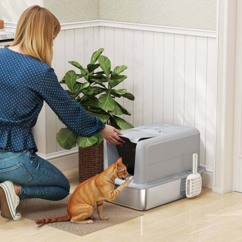 Toilette pour chat en acier inoxydable Gris/Silver 60.5 x 40.5 x 41.5 cm - PANGIVO - Image 2