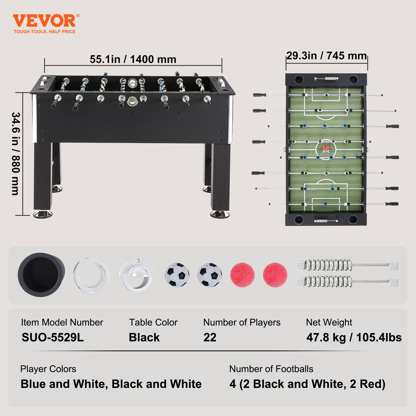 Vevor - VEVOR Table baby-foot standard 140 cm, kit complet 4 balles, 4 porte-gobelets. Intérieur. - Image 7