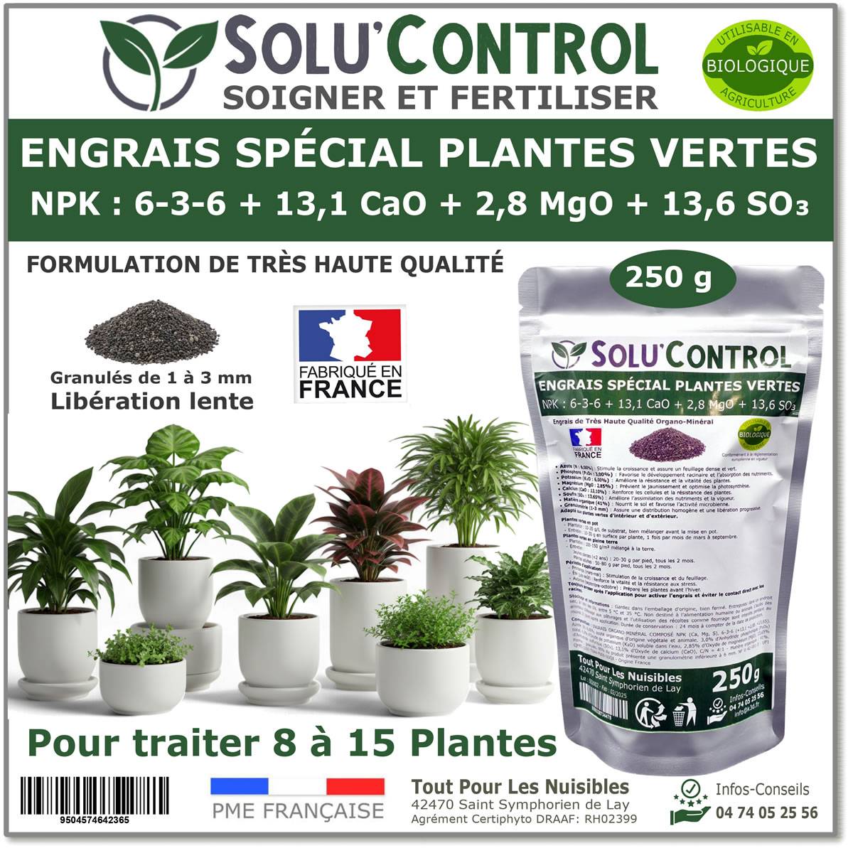 Tout pour les nuisibles - SOLU’CONTROL - 250 g Engrais Spécial Plantes Vertes 6-3-6 - Croissance, Feuillage Dense & Vitalité - Formulation Organo-Minerale - Image 1