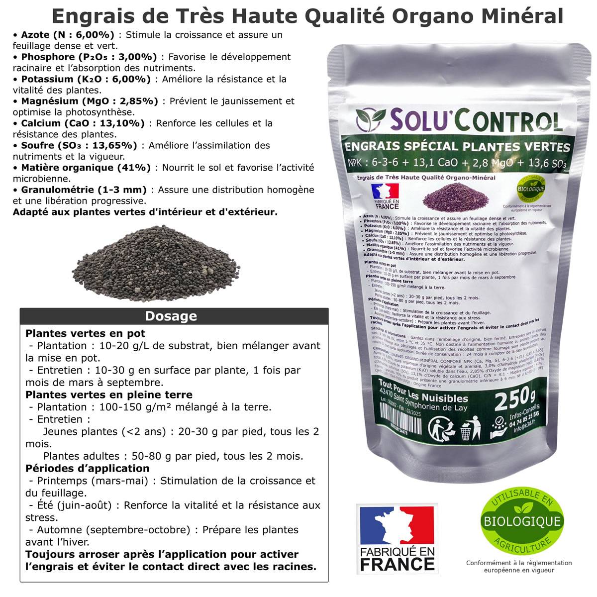 Tout pour les nuisibles - SOLU’CONTROL - 250 g Engrais Spécial Plantes Vertes 6-3-6 - Croissance, Feuillage Dense & Vitalité - Formulation Organo-Minerale - Image 3