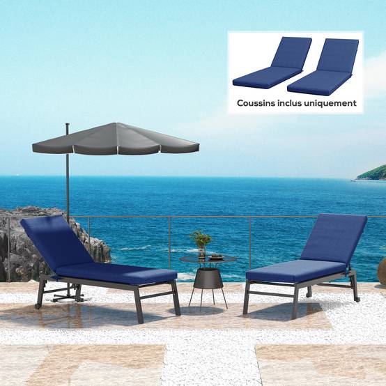 Lot 2 matelas bain de soleil tissu respirant transat jardin attache sécurisée bleu - ComfortXL Outdoor Living - Image 4