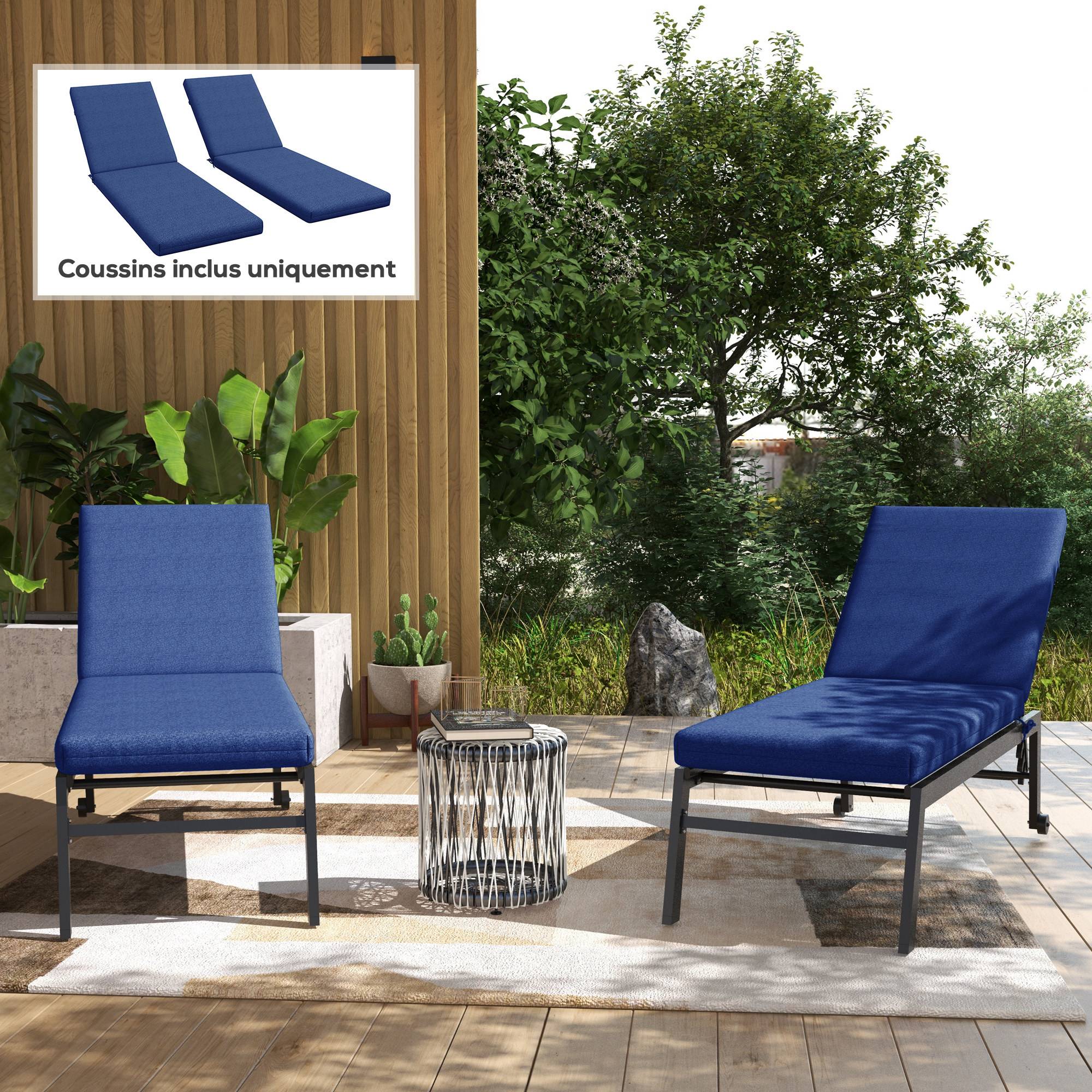 Lot 2 matelas bain de soleil tissu respirant transat jardin attache sécurisée bleu - ComfortXL Outdoor Living - Image 3