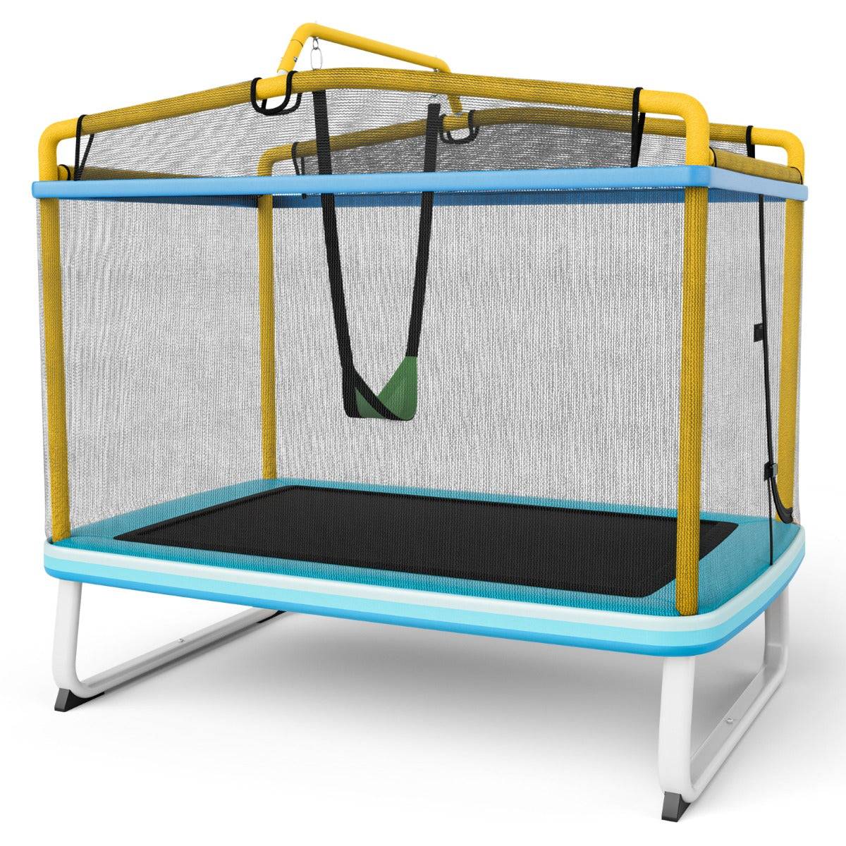 Helloshop26 - 3 en 1 trampoline extérieur enfants rectangulair (190 x 124 cm) avec balançoire & barre horizontale filet de sécurité charge 110kg jaune - Imagen 1