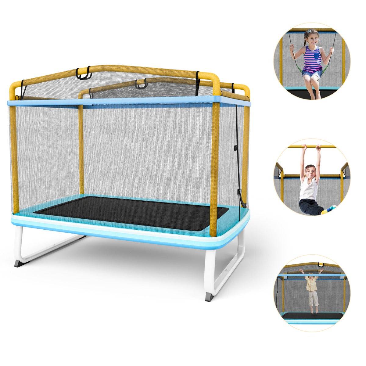 Helloshop26 - 3 en 1 trampoline extérieur enfants rectangulair (190 x 124 cm) avec balançoire & barre horizontale filet de sécurité charge 110kg jaune - Imagen 2