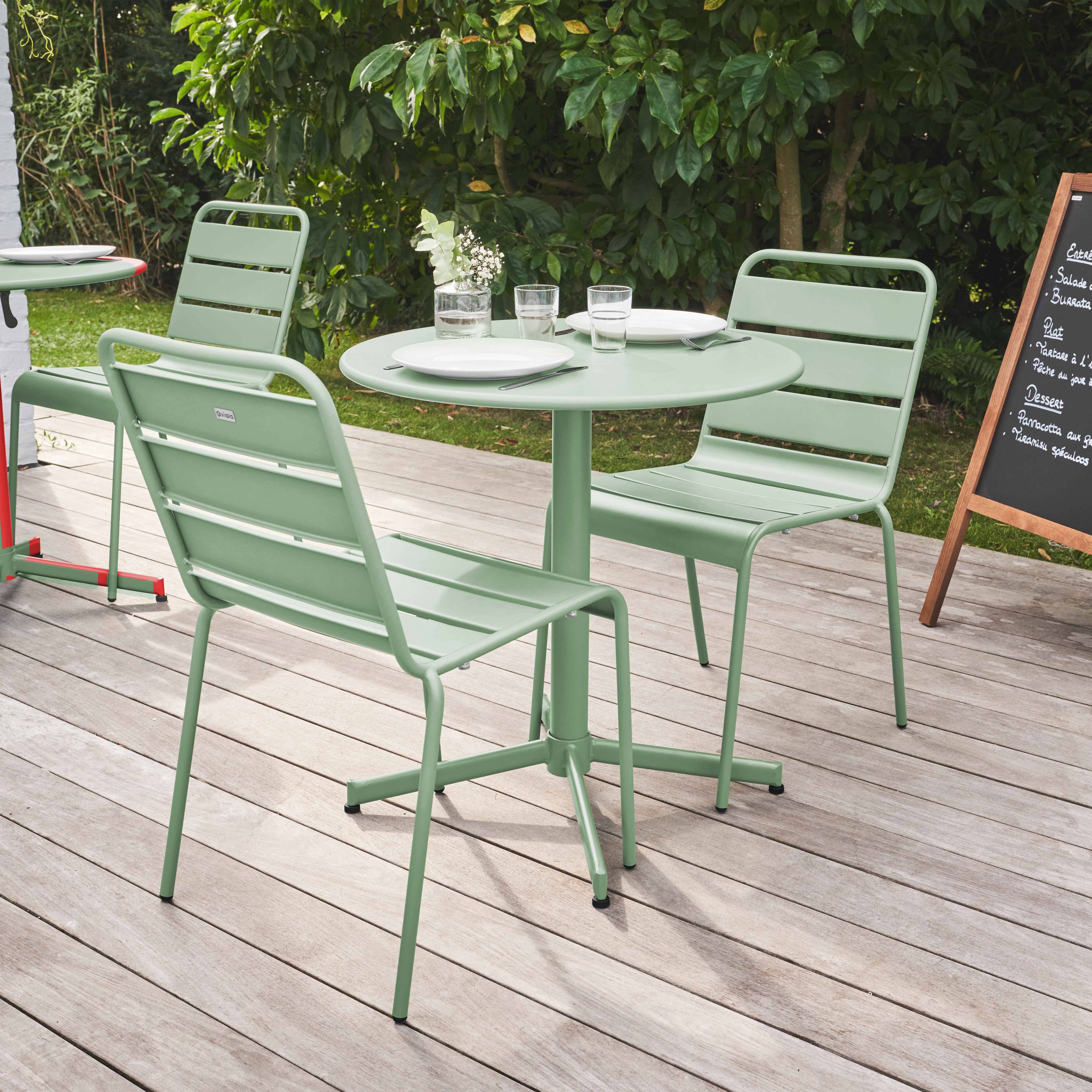 Oviala - Ensemble table de jardin ronde et 2 chaises métal vert sauge Palavas - Oviala - Imagen 2