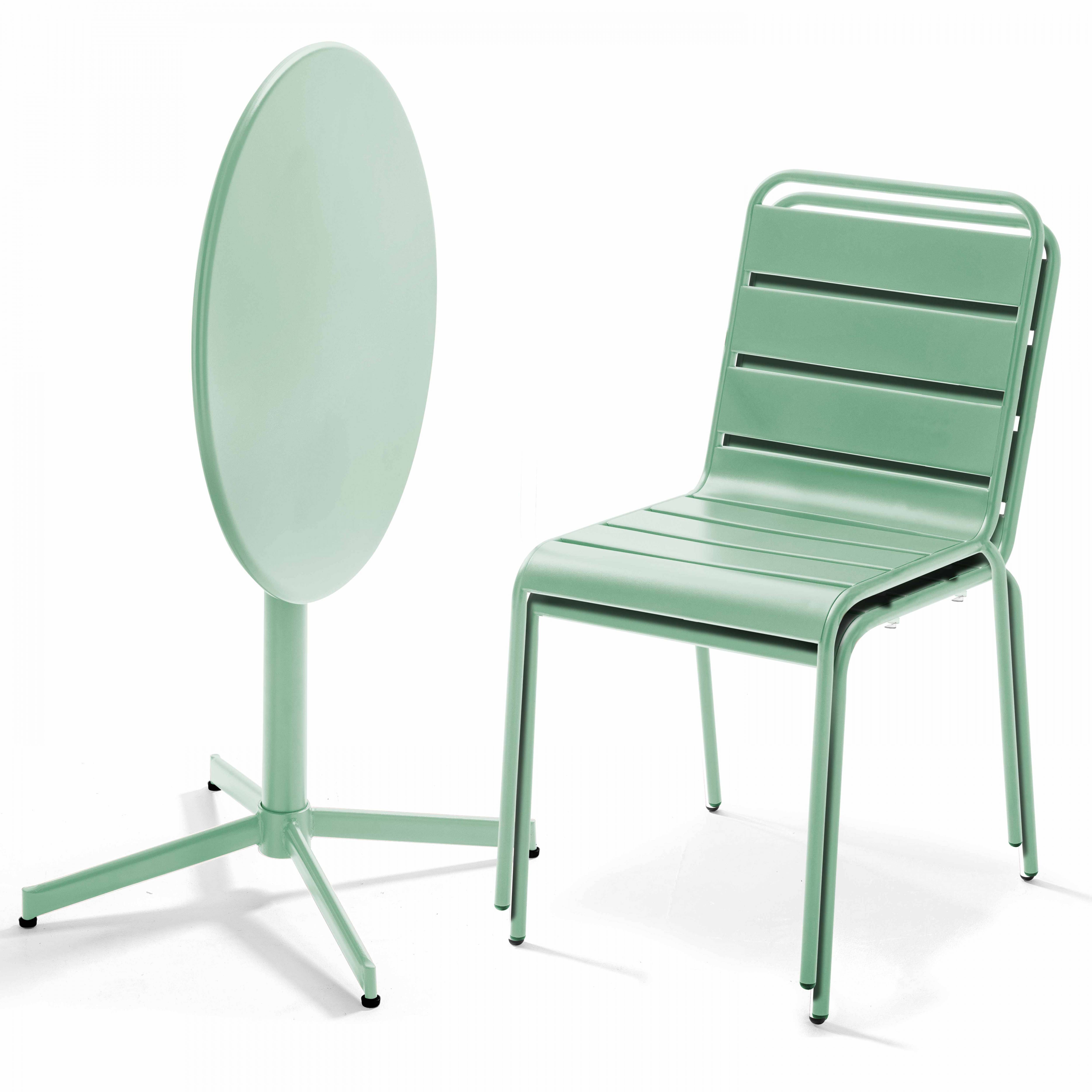 Oviala - Ensemble table de jardin ronde et 2 chaises métal vert sauge Palavas - Oviala - Imagen 3