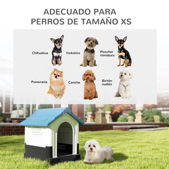 Mini niche d'extérieur en plastique pour chien avec 3 fenêtres, base surélevée, toit incliné, 64,5 x 57 x 66 cm, bleue - Image 6
