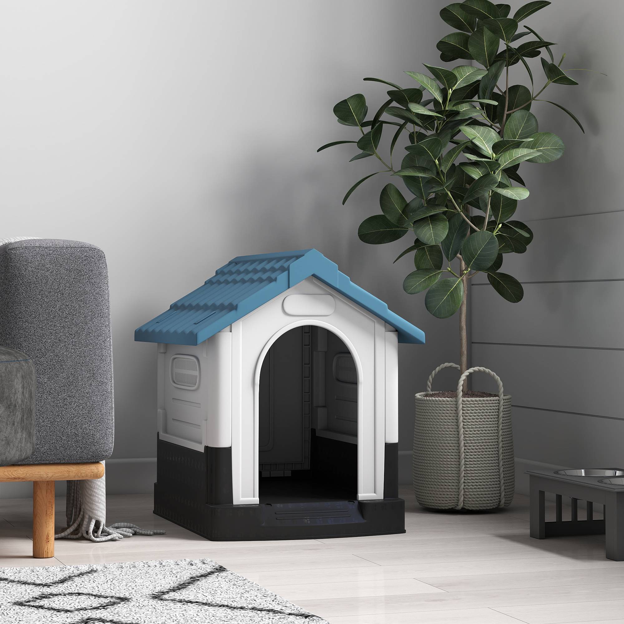 Mini niche d'extérieur en plastique pour chien avec 3 fenêtres, base surélevée, toit incliné, 64,5 x 57 x 66 cm, bleue - Image 10