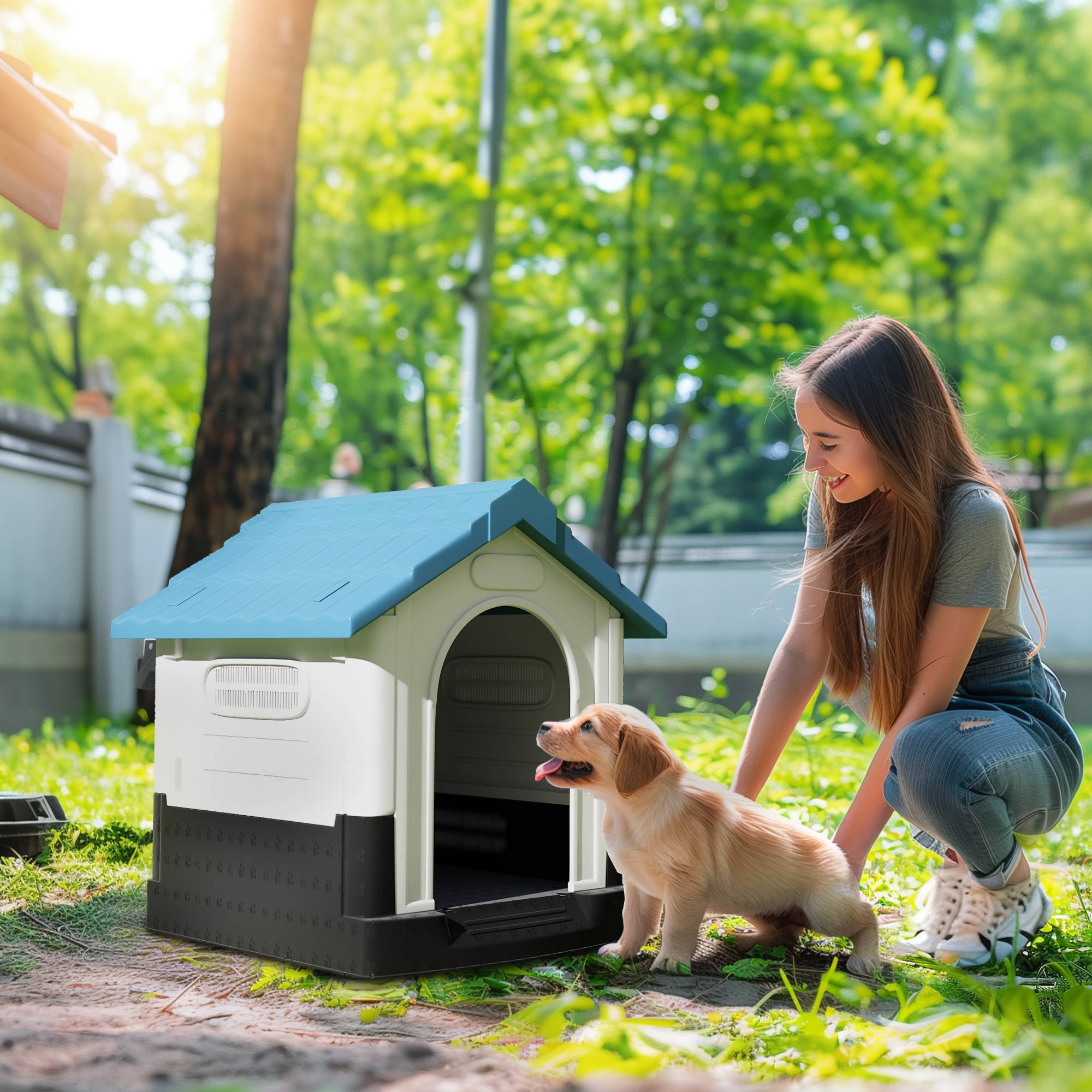 Mini niche d'extérieur en plastique pour chien avec 3 fenêtres, base surélevée, toit incliné, 64,5 x 57 x 66 cm, bleue - Image 3