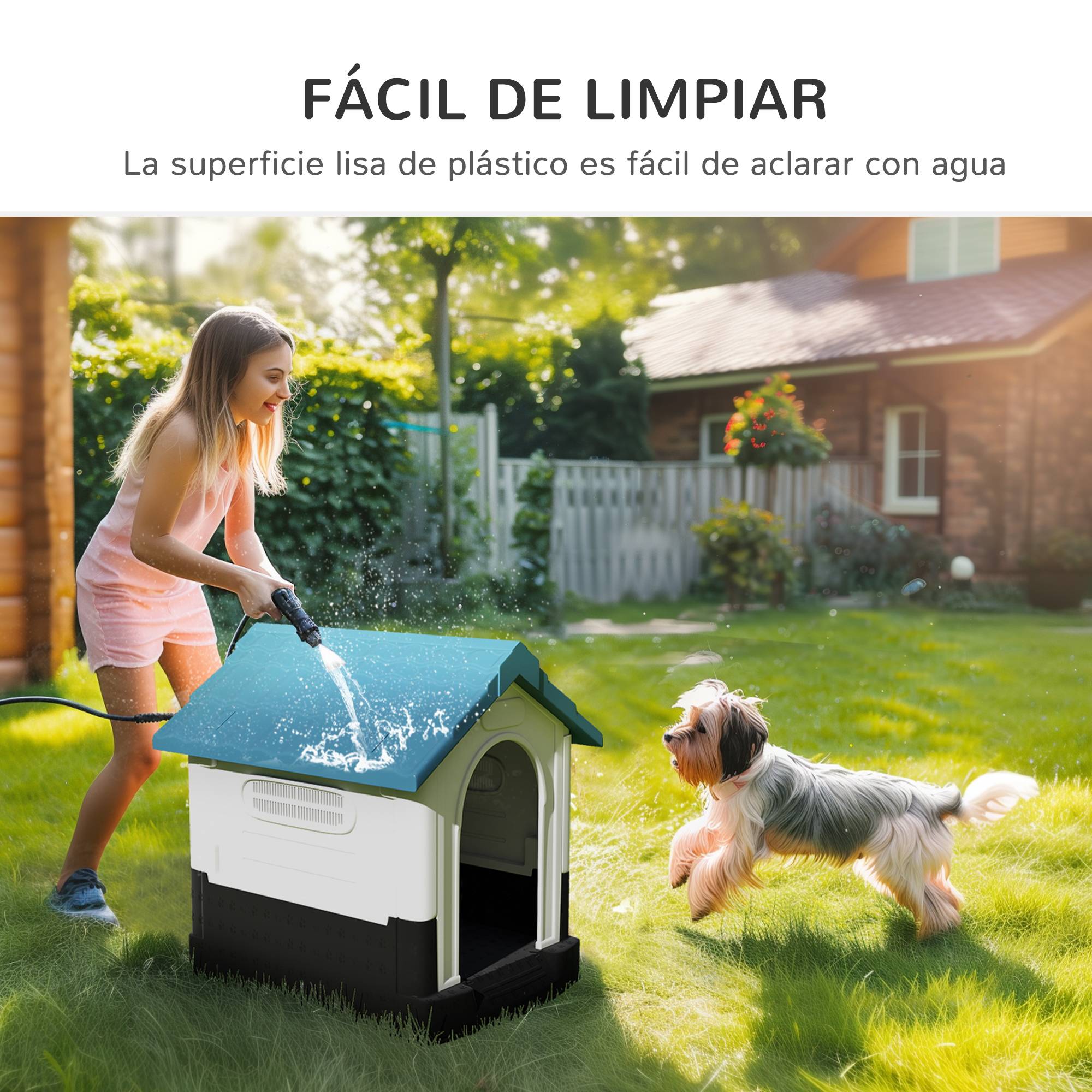 Mini niche d'extérieur en plastique pour chien avec 3 fenêtres, base surélevée, toit incliné, 64,5 x 57 x 66 cm, bleue - Image 7