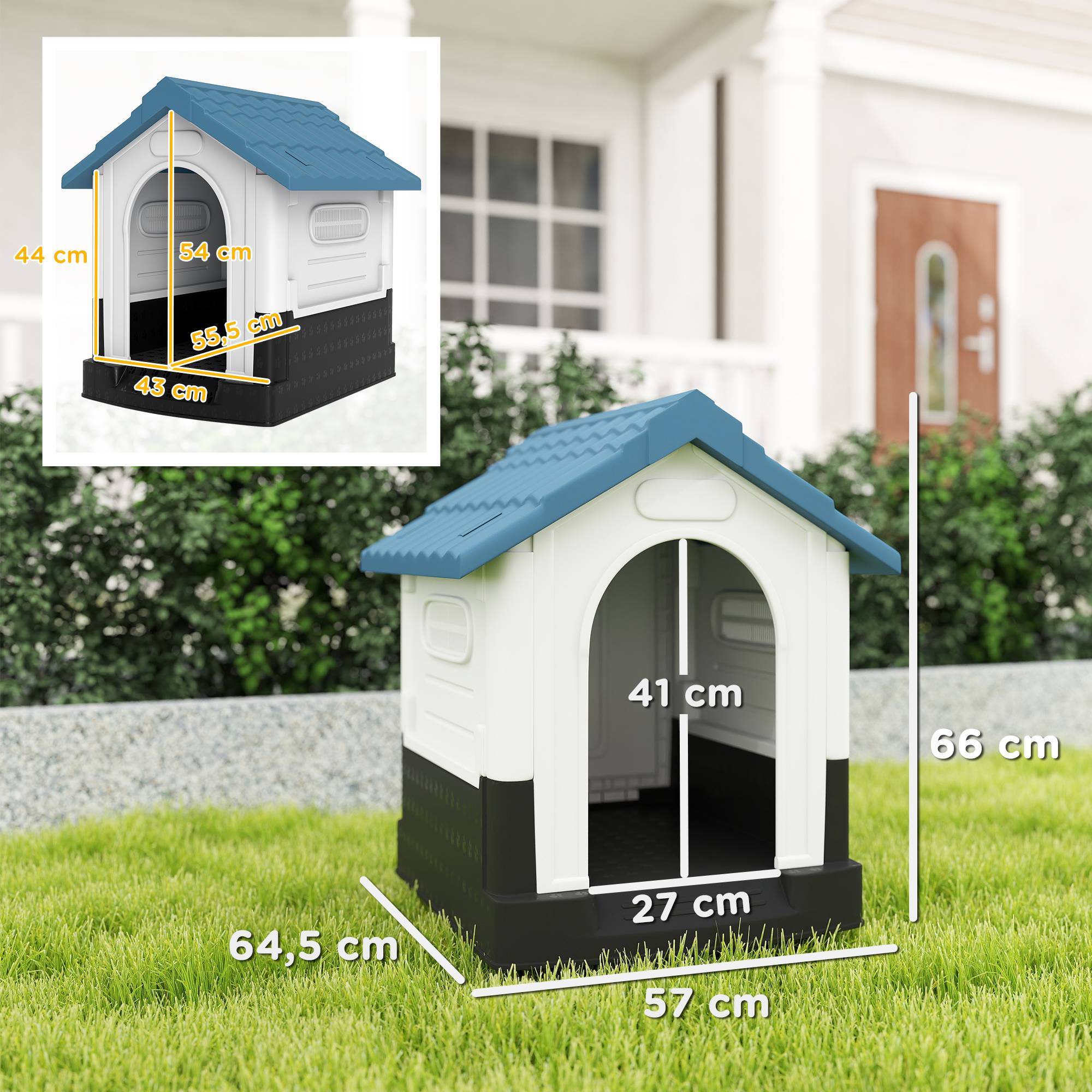 Mini niche d'extérieur en plastique pour chien avec 3 fenêtres, base surélevée, toit incliné, 64,5 x 57 x 66 cm, bleue - Image 5