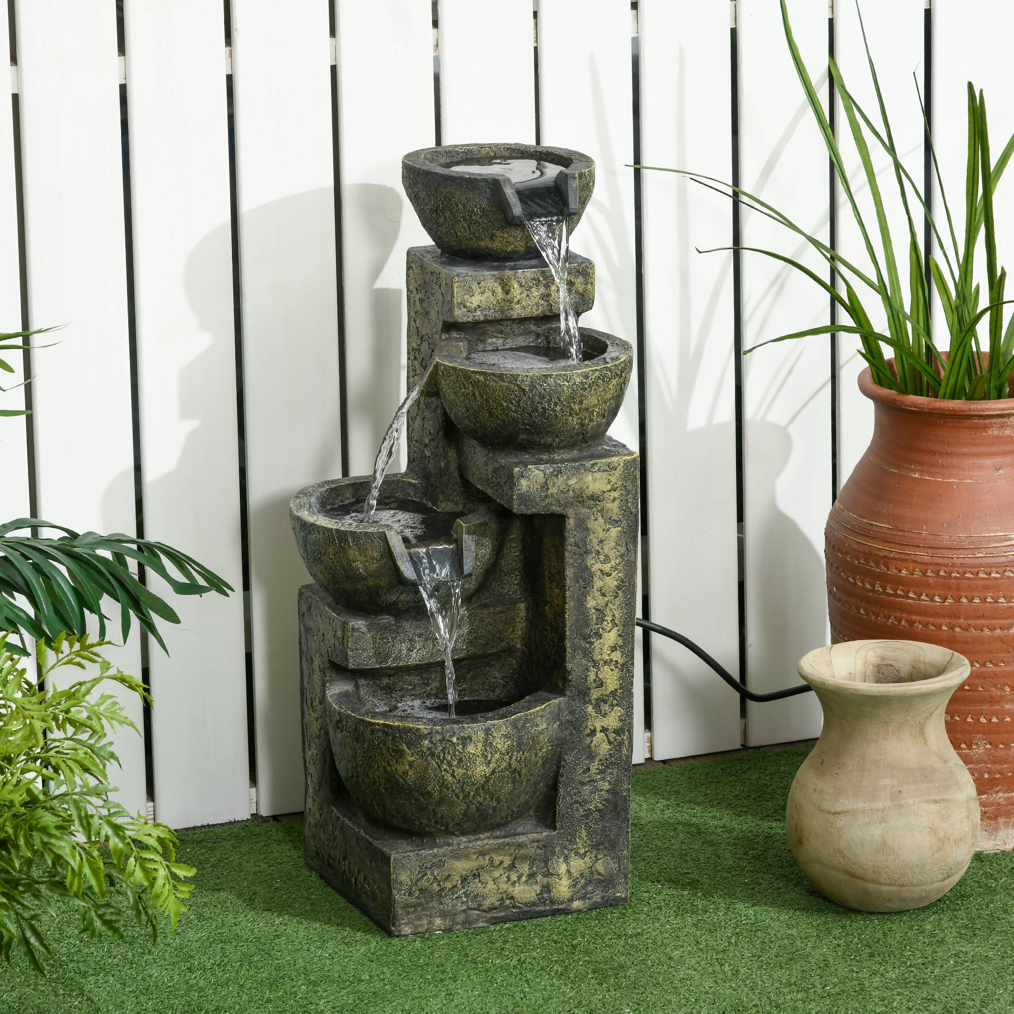 Fontaine Jardin Résine Extérieur 4 Niveaux Cascade Débit Réglable 60cm Noir - ComfortXL Outdoor Living - Image 1